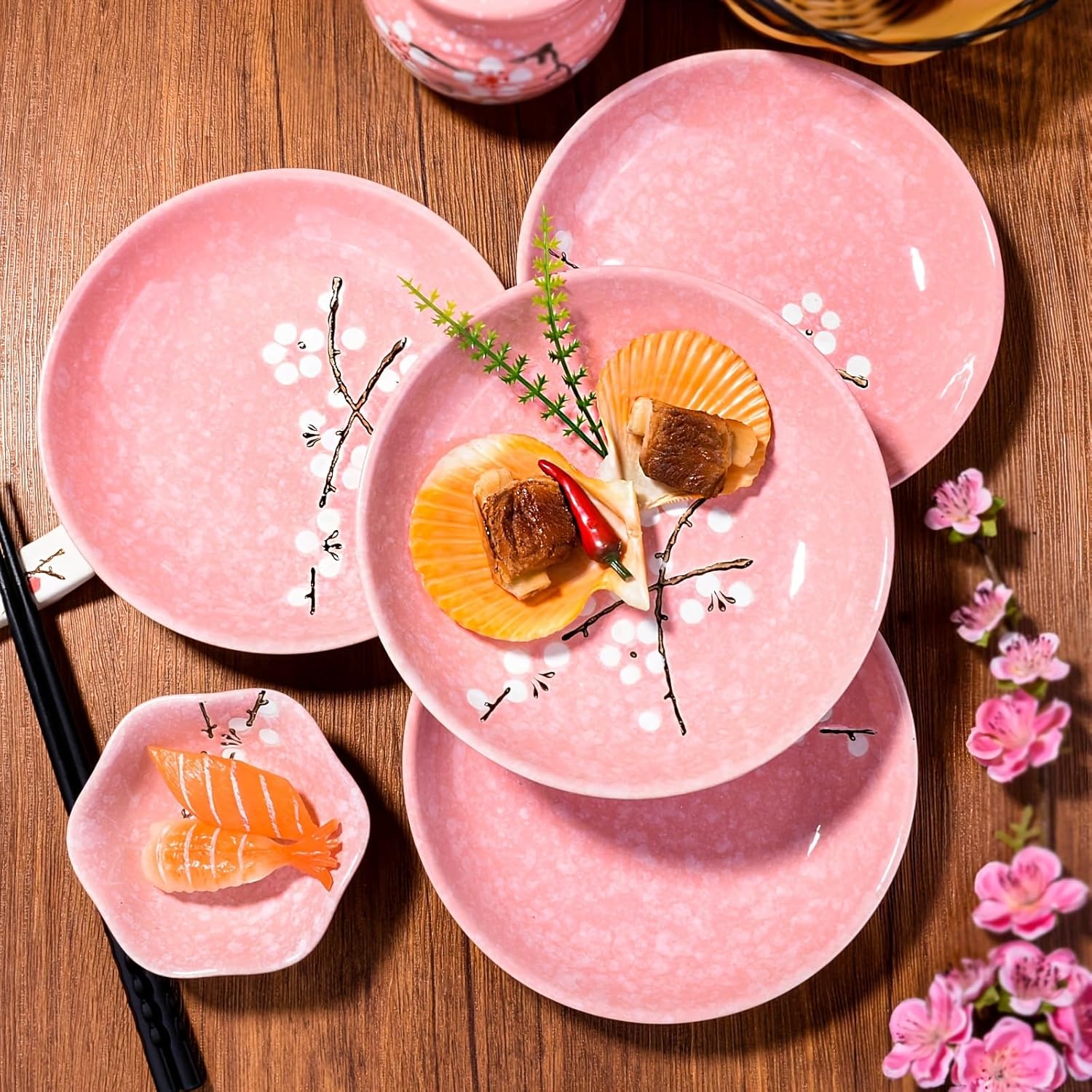 Set of 4 Ceramic Dinner Plate Set, 7" Hand-Painted Plum Blossom Plates with Gold Accents, Elegant Japanese Sushi & Salad Plates, Pink Speckled Glaze Stoneware, Microwave & Dishwasher Safe