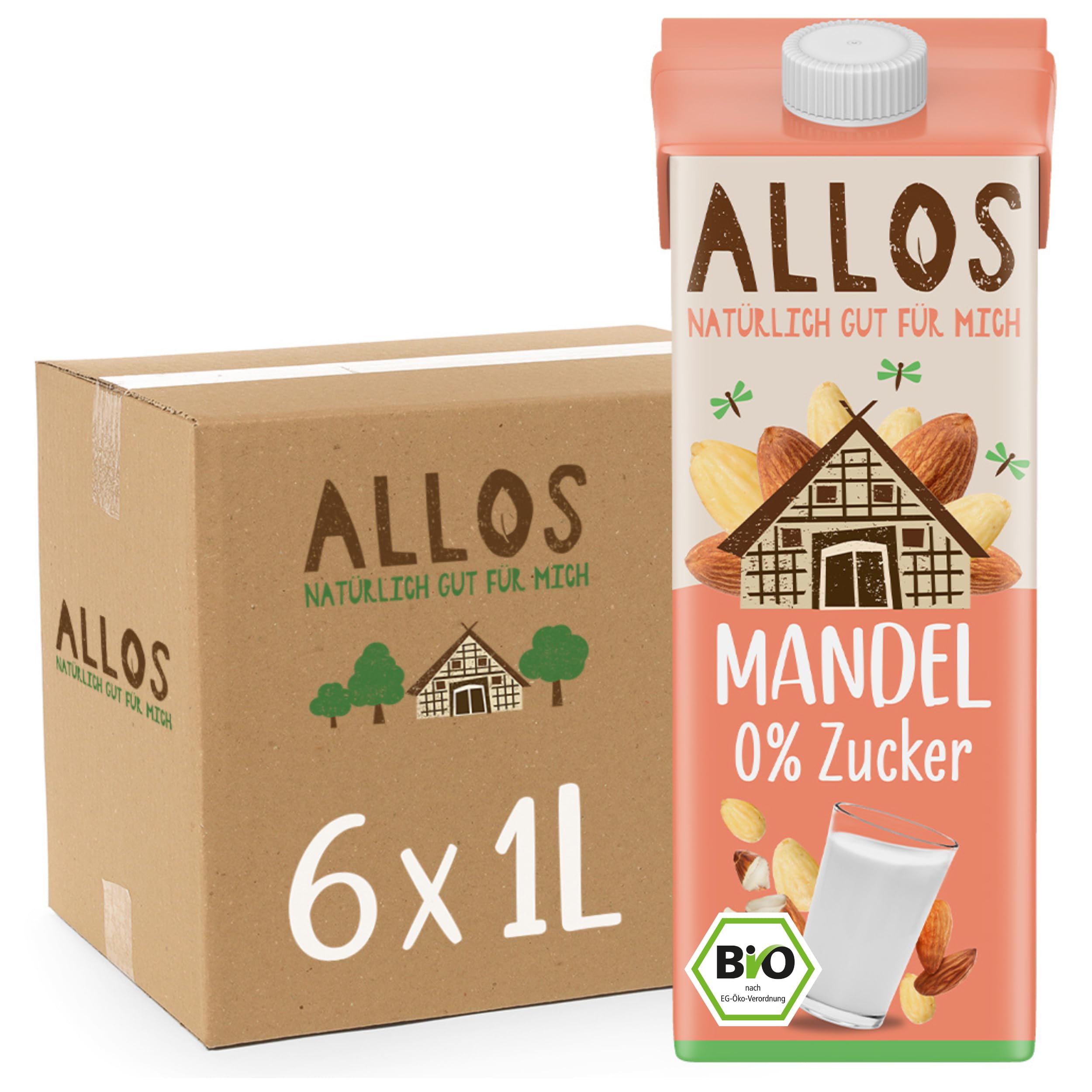 Allos Mandeldrink ohne Zucker | Mandel Drink Natur | pflanzliche Milchalternative | Mandel | veganer Drink | laktosefrei | 0% Zucker I 1 Liter (6 Stück)