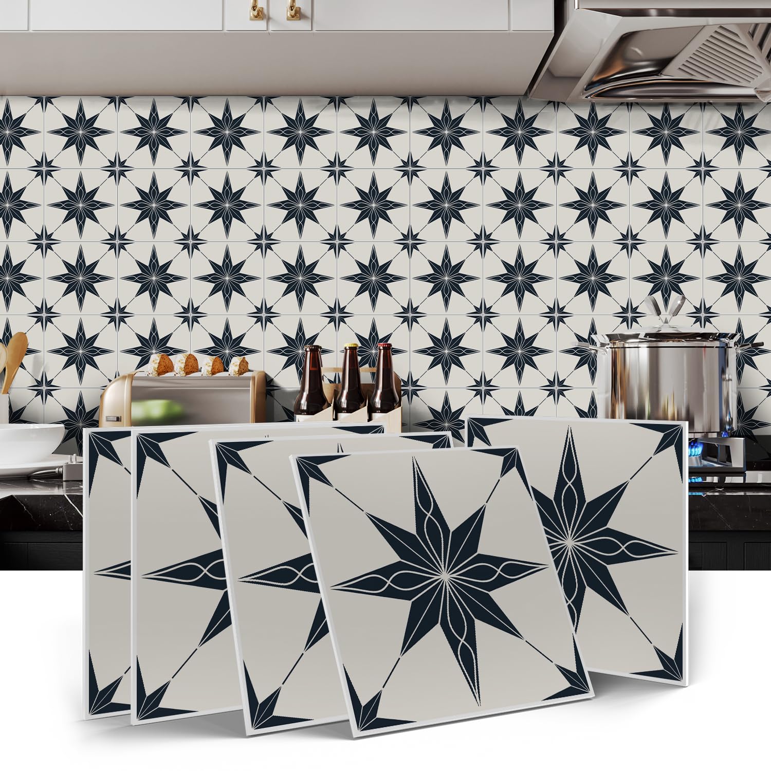 Alwayspon 12 Sheet 15x15cm Thicken Vinyl Wall Tile Sticker Transfers, Peel and Stick Self-Adhesive Waterproof Splashback Stick on Tile Decals for Kitchen Bathroom Wall, Beige Black