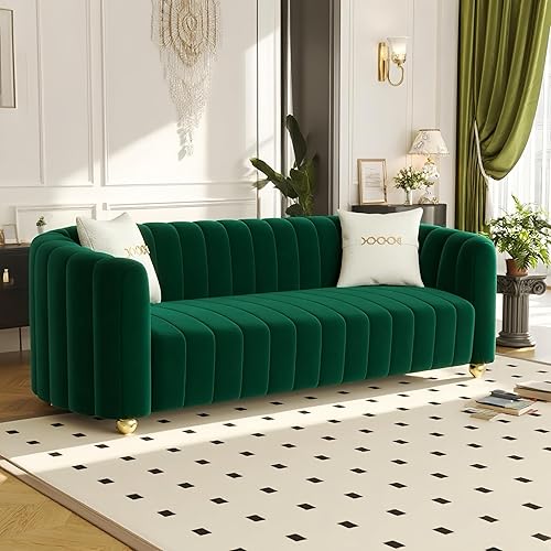 Sofá biplaza de terciopelo de 83 pulgadas, moderno sofá de 2 plazas de mediados de siglo con patas de bola de metal, sofá de terciopelo verde