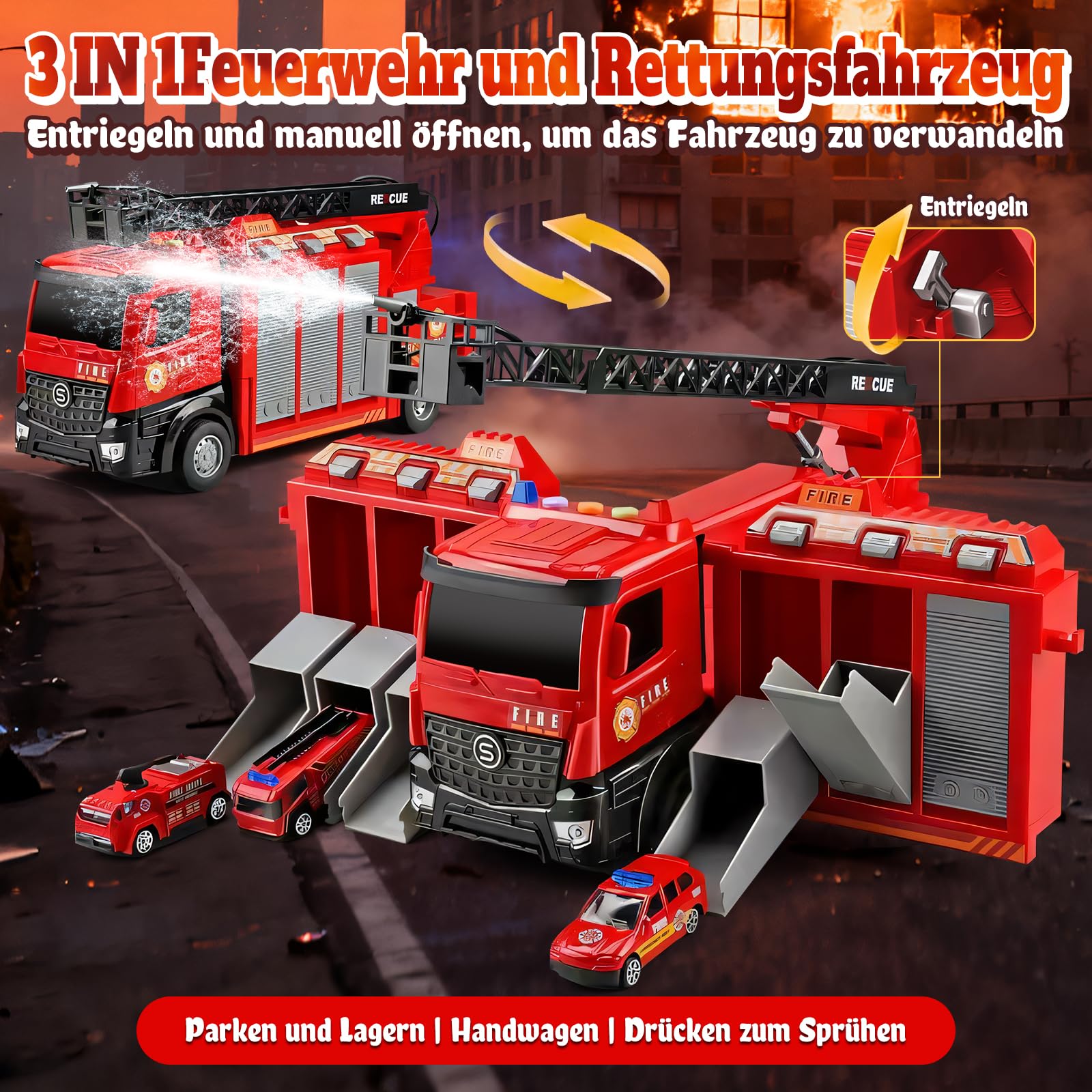 Großer Feuerwehr Truck Spielzeug, Rettungsfahrzeug Set mit 6 Mini Autos, Feuerwehrauto Autotransporter Spielzeug für Kinder ab 2 3 4 Jahren Kindergeburtstage und PD