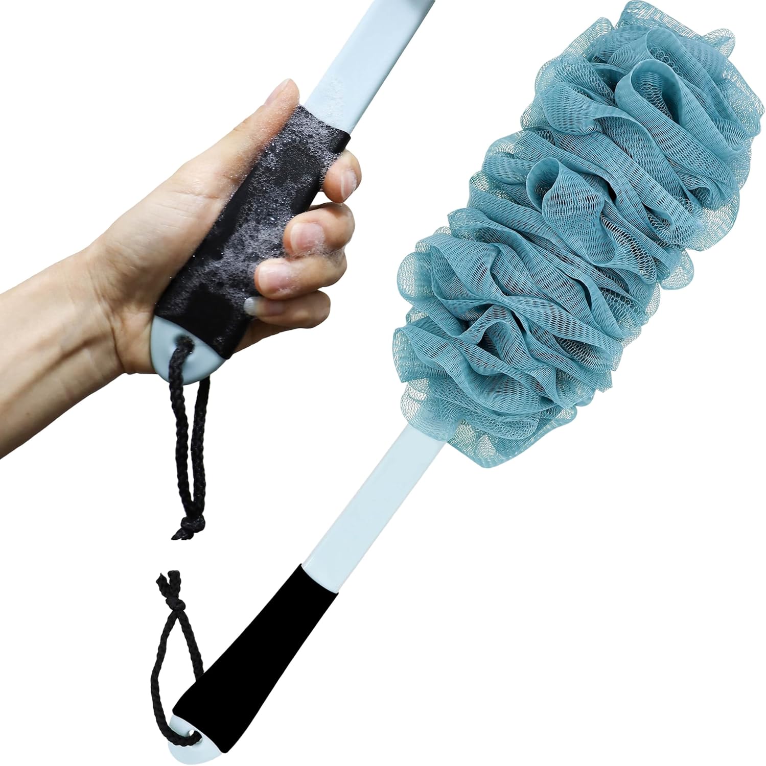 Back Scrubber for Shower, Loofah with Handle, Back Loofah Non-Slip Handle Bath Body Brush, Scrub Cleaning Luffa, Soft Nylon Mesh Sponge On a Stick for Men Women Elderly (Blue)