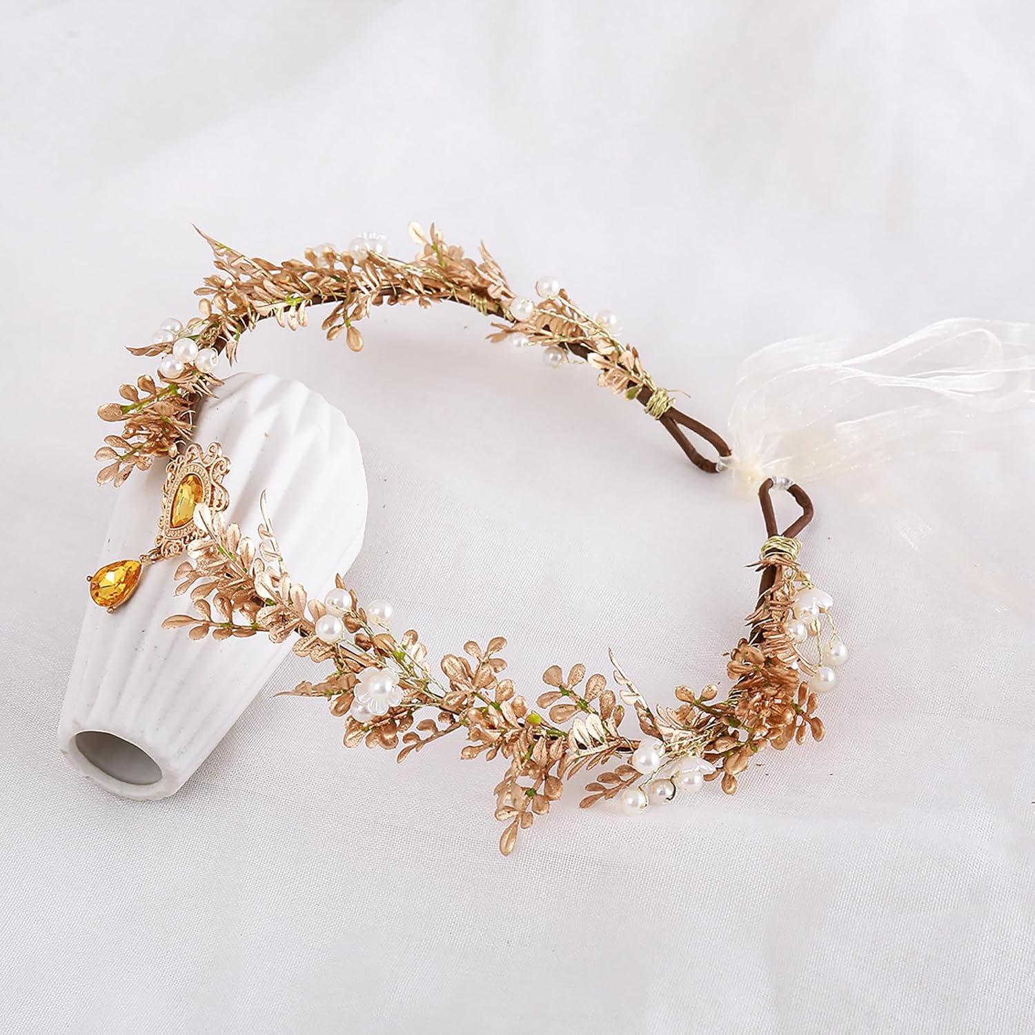 Vivivalue Golden Fairy Crown Floral Headband Even Headpiece Woodland Forest Flower Circlet for Women Wedding Bridal Halloween Cosplay Photo Shoot Accessory - Image 6