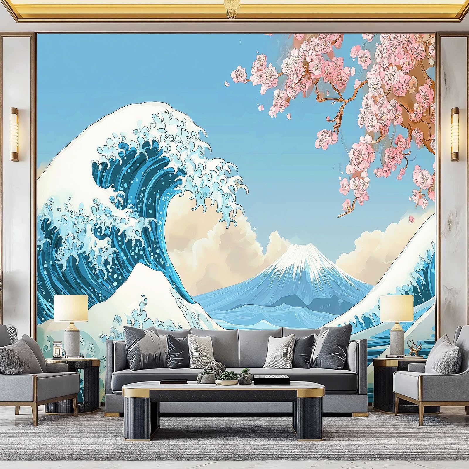 Tapeta samoprzylepna na ścianę w stylu japońskim, 400 x 280 cm granatowa tapeta z kreskówkowym kwiatem wiśni góra Fuji druk folia samoprzylepna do mebli do sypialni salonu łazienki kuchni