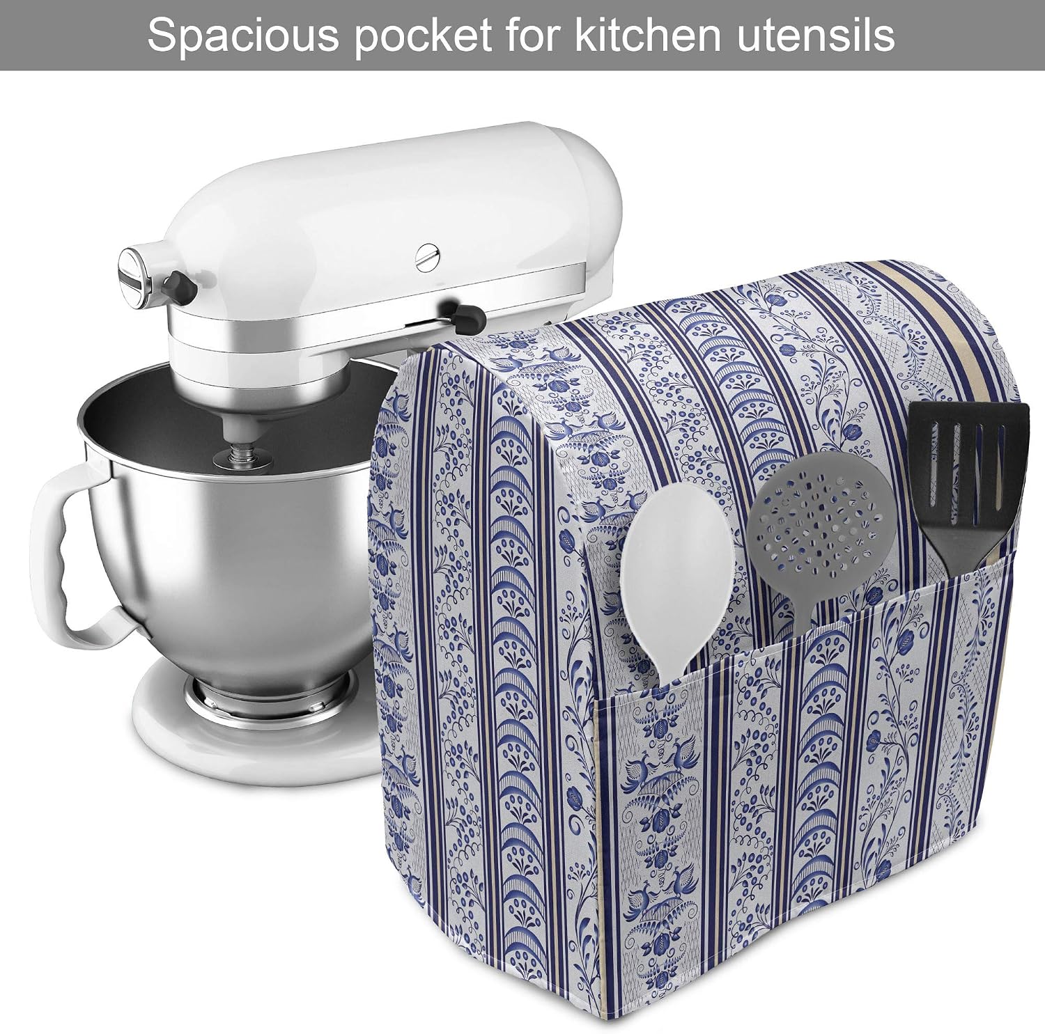 Lunarable Royal Blue Stand Mixer Cover, Japanese Turkish Inspired Ceramic Pattern with Flowers Design, Kitchen Appliance Organizer Bag Cover with a Pocket, 6-8 Quarts, Violet Blue White