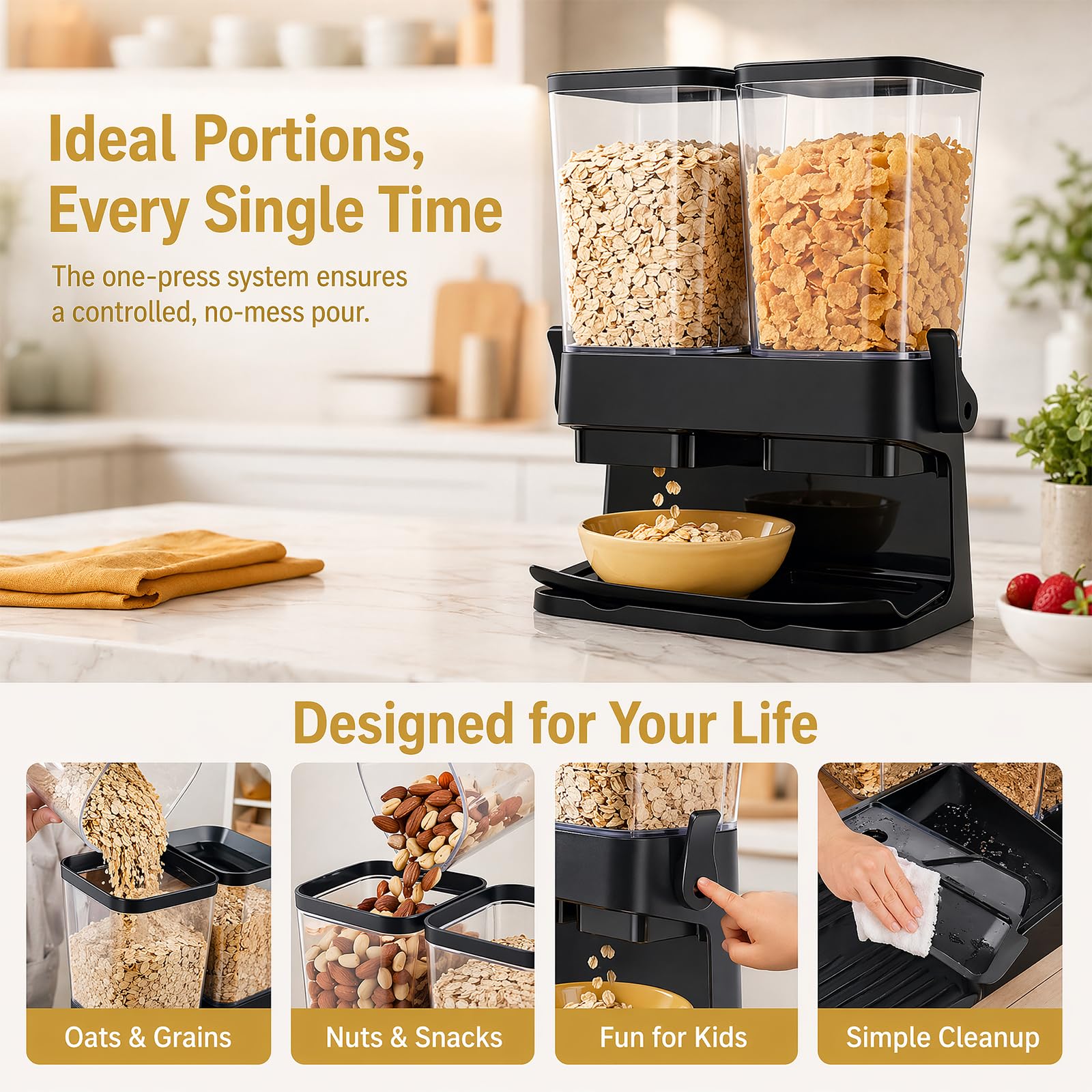 Muesli Dispenser: doble caja de almacenamiento de cereales hermética de 3 litros, gran capacidad, organizador de muesli, para cocina, doble control, distribuidor de alimentos secos para