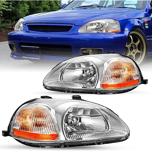 JSBOYAT Headlight Assembly Pair for 1996 1997 1998 Honda Civic Halogen Headlamp Chrome Housing with Amber Reflector (Driver and Passenger Side)