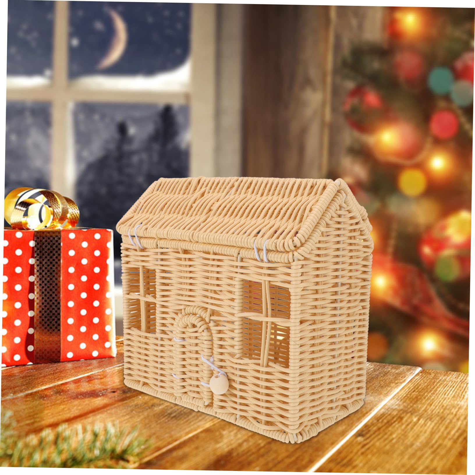 Cesta De Dulces Navideña Hecha Mano Con Asa Para Dulces y Chocolates Recipiente De Ratán Sintético Con Forma De Casa Para Recuerdos De Fiesta