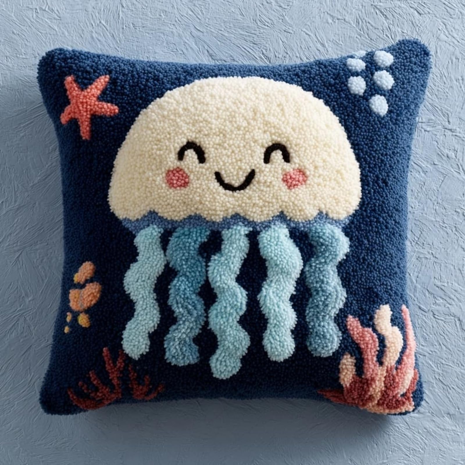 AxiangziK Latch Hook Needlecraft Pillow Kit,Cartoon Jellyfish 43x43cm DIY Cushion Making Kit for Adults Beginners,Pre-Cut Yarn Cushion Kit with Full Accessories for Home Sofa Gift