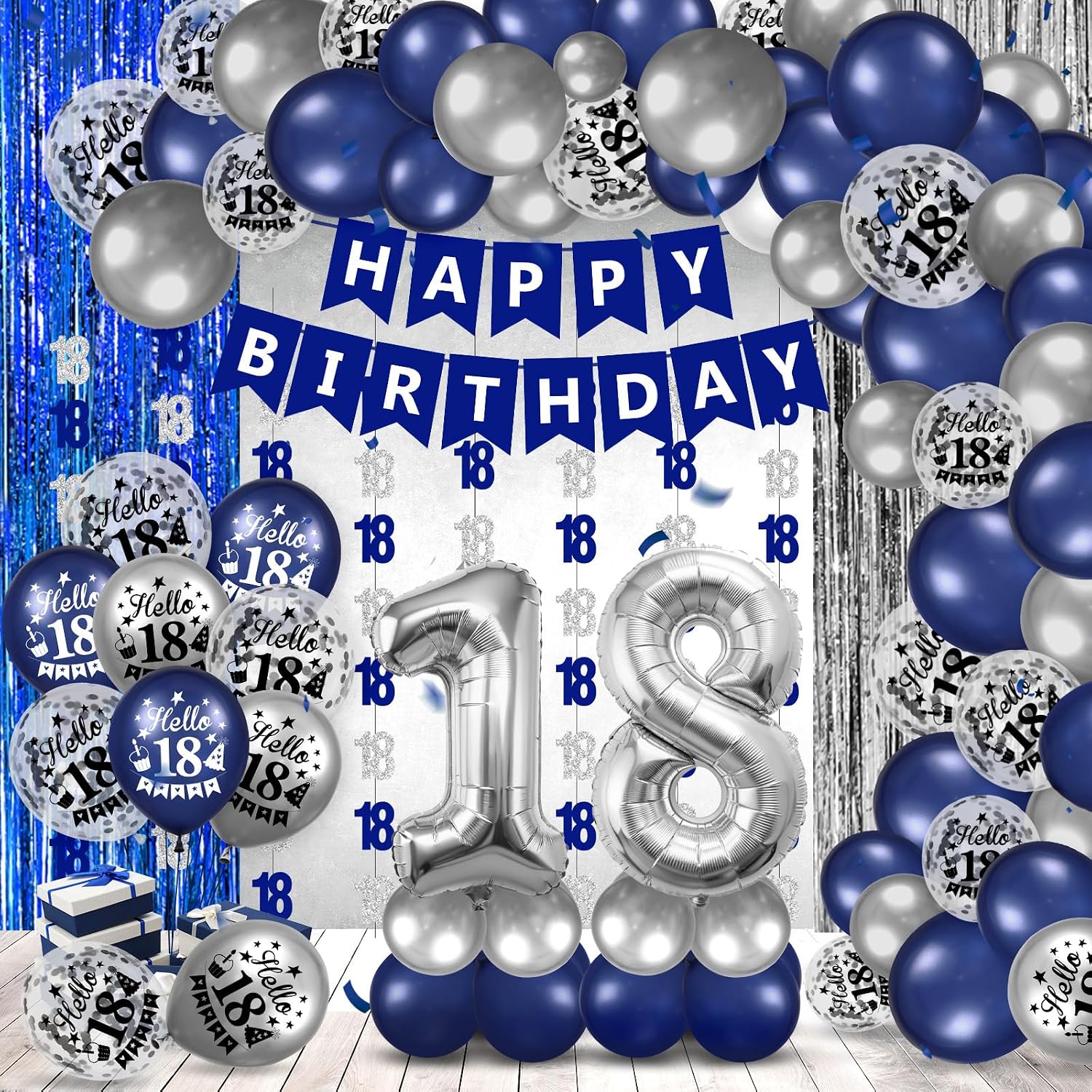 Happy 18th Birthday Backdrop Banner - Blue Dot Glitter Sparkle Sign For Boys & Girls Party Decorations