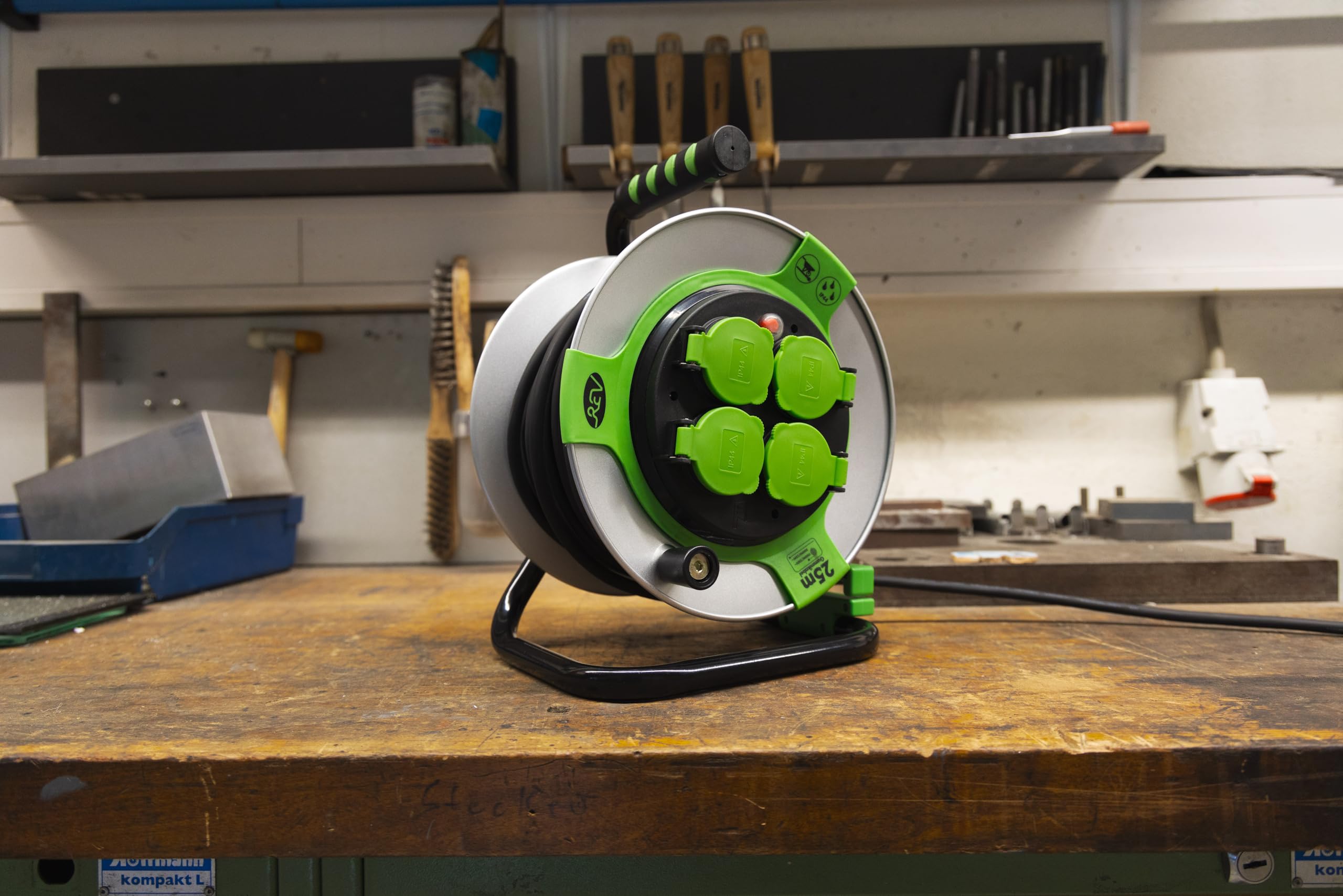Rev Carrete de Cable EX, 25 m, H05RR, IP44, 3000 W, con Contacto abrasivo, Rollo de Cable para Exteriores, 4 enchufes, Color Verde