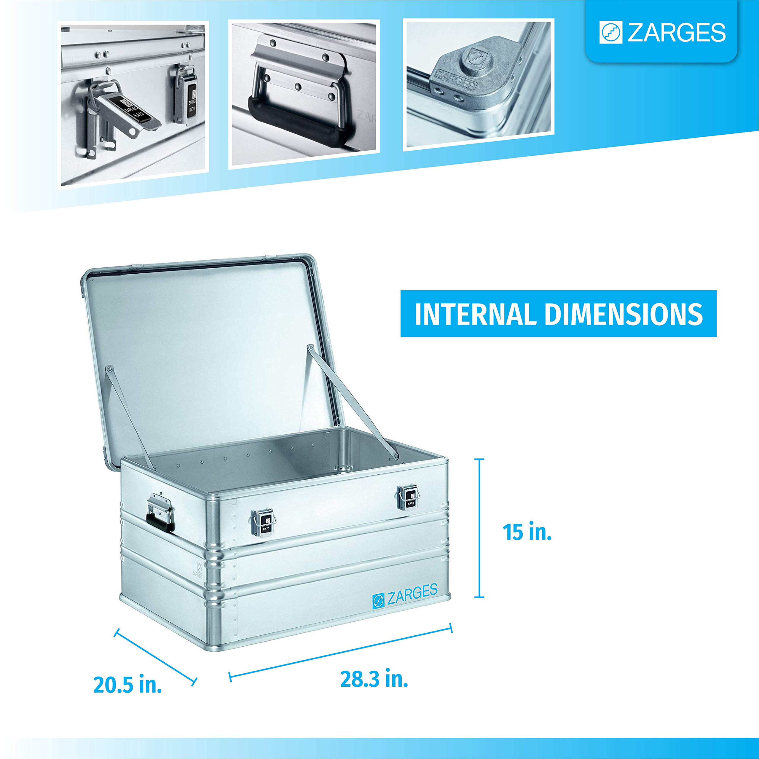 Zarges K470; 157l, IM: 750x550x380mm, srebrny, 750x550x380mm (wewnętrzne)