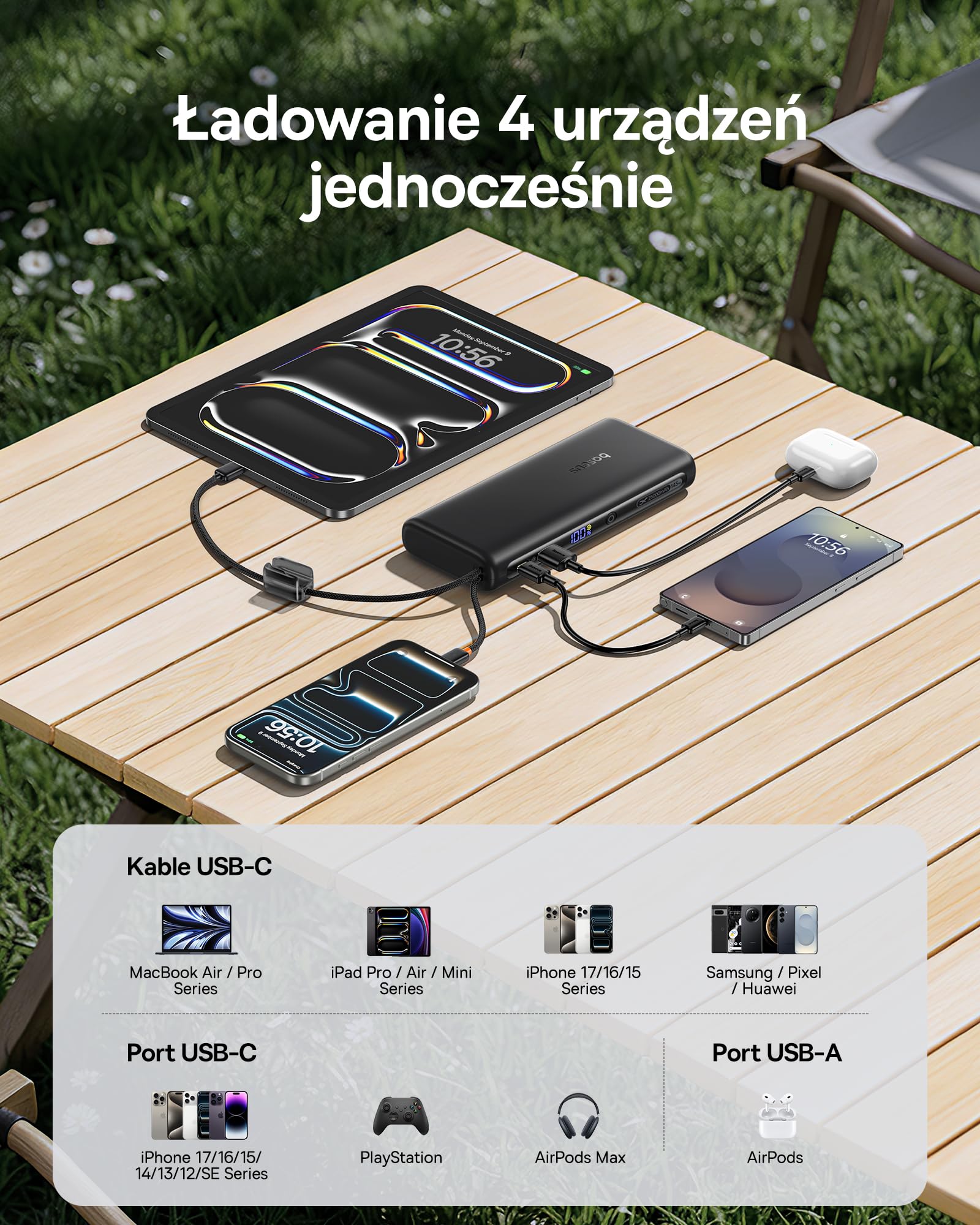 Baseus FC41 Powerbank 145 W, 25000 mAh, do szybkiego ładowania, powerbank z 2 wbudowanymi kablami USB-C, zewnętrzne akumulatory do telefonów komórkowych MacBook Pro, iPhone 17/16/15, Dell, HP