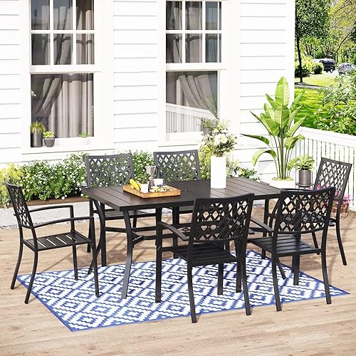 Miniatura 2 de MFSTUDIO Juego de comedor al aire libre para 6, mesa de patio de metal y sillas con agujero para paraguas, juego de comedor de 7 piezas para