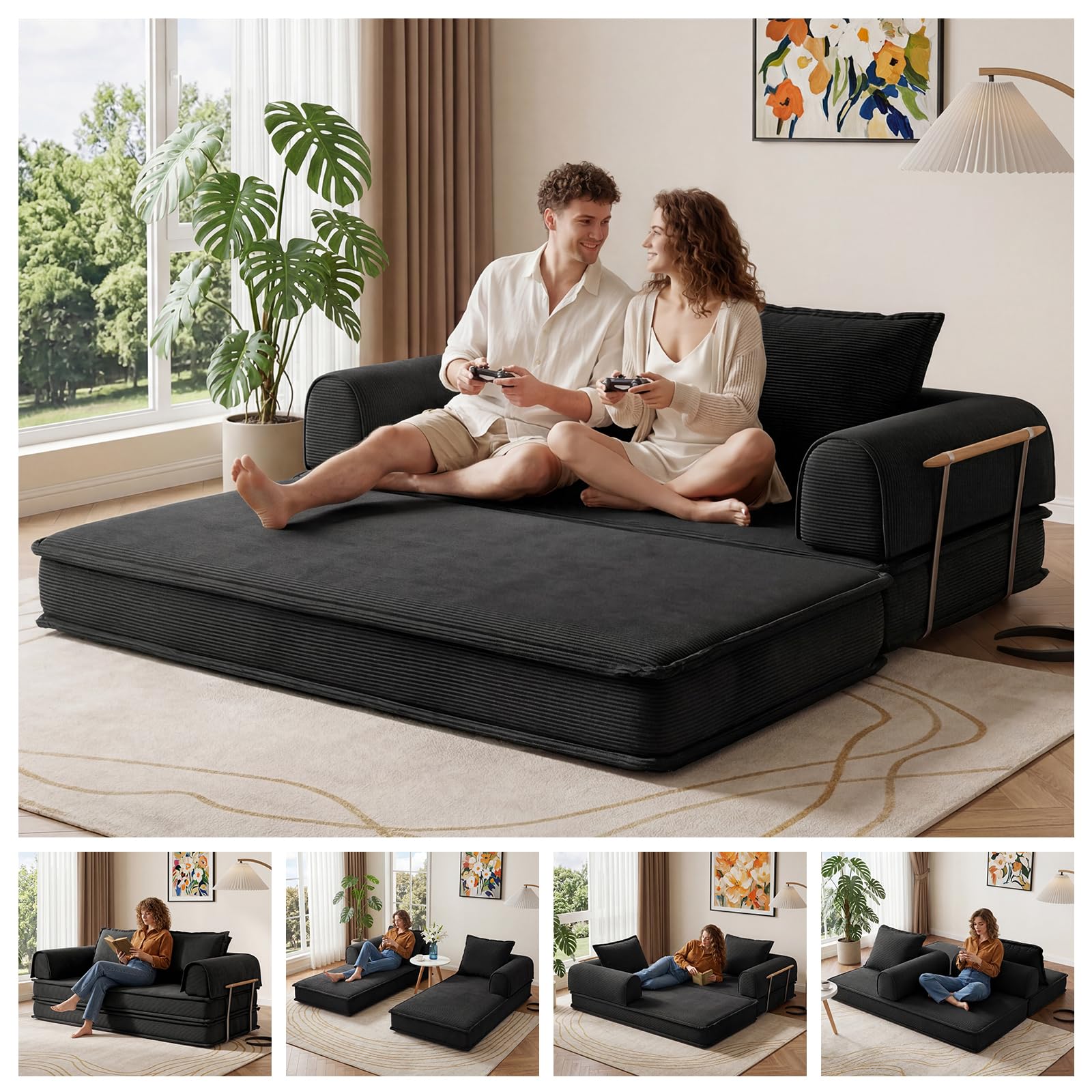 Vipbear 200cm Sofá Cama, Modular Desmontable Plegable 5 en 1, de Pana de Primera Calidad, Sofá Cama 3 Plazas Ideal para Espacios Reducidos, Negro