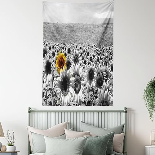 Miniatura 5 de Lunarable Tapiz moderno, campo de girasol, blanco y negro, una sola flor amarilla, paisaje, individualidad, decoración de tela para colgar en la