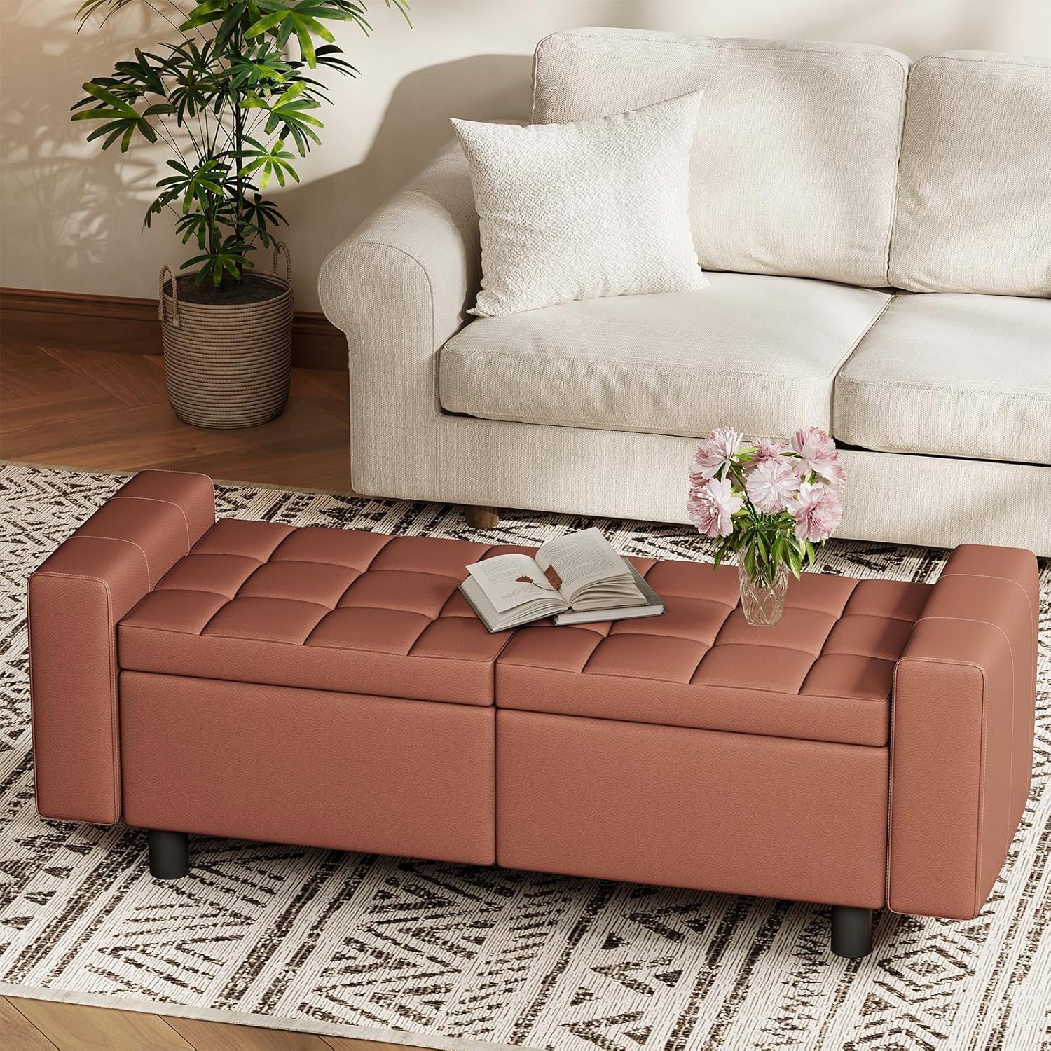 HOOBRO Storage Bench, Storage Ottoman Bench with 15 Gallons Storage, End of Bed Bench with Metal Legs, Safety Hinges, Synthetic Leather with Stitching Bench for Bedroom, Entryway, Brown BR120CW01