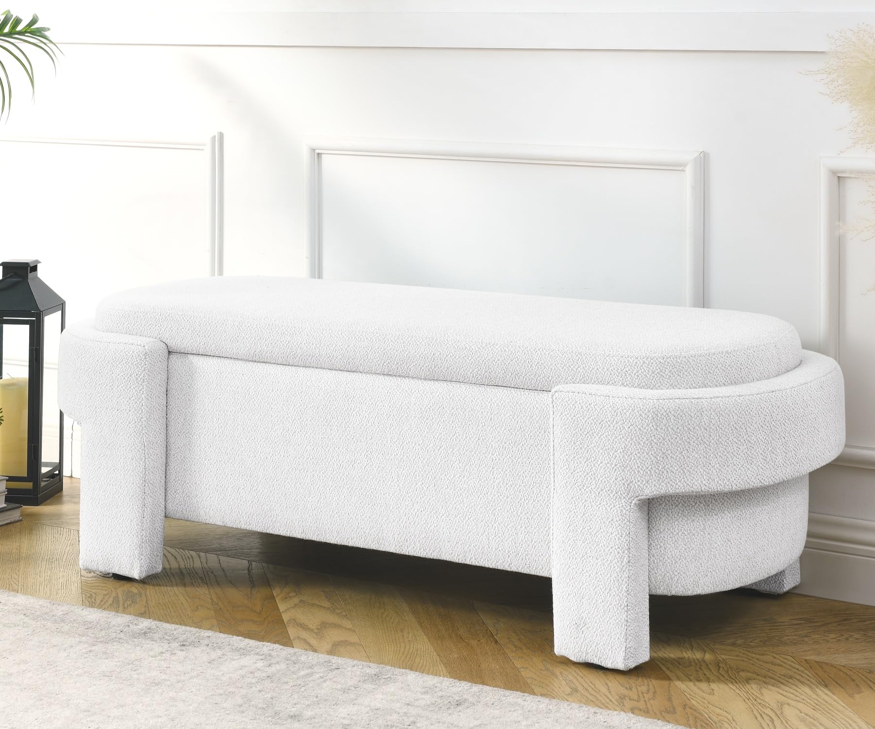 KEIKI 51" Linen Ottoman Bench with Large Storage Space, Upholstered Seating Foot Rest Stool Furniture for Bedroom, Living Room, Entryway, White