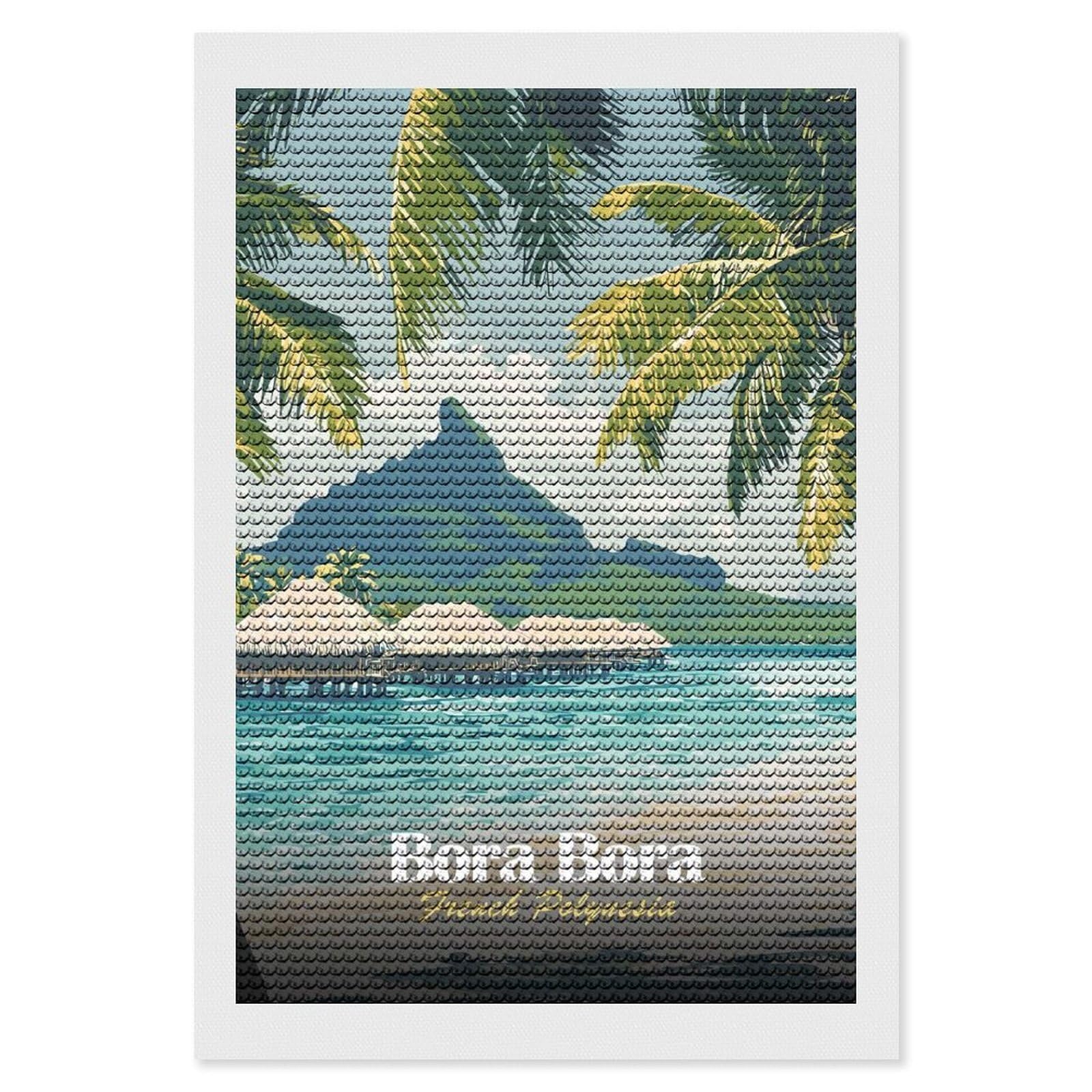 Junmoney Bora Bora French Polynesia Travel Diamond Art Kit 8"x12", Neat Printed Canvas, Finish and Display, Relaxing DIY Hobby, Living Room Decor