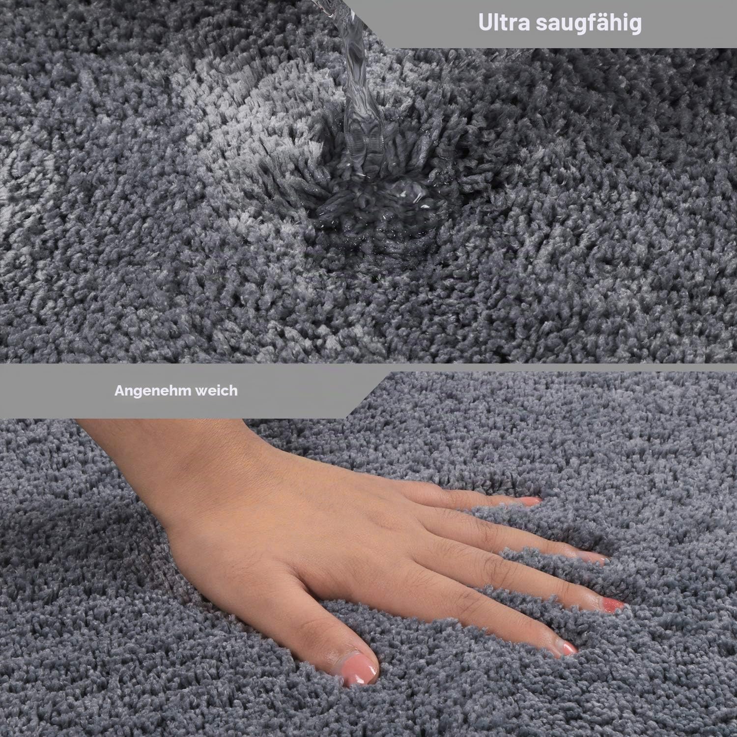 Seavish Cozy Shag Badezimmerteppich, rutschfeste Mikrofaser, weich, saugfähig, Meeresblau Curved 45x143cm grau