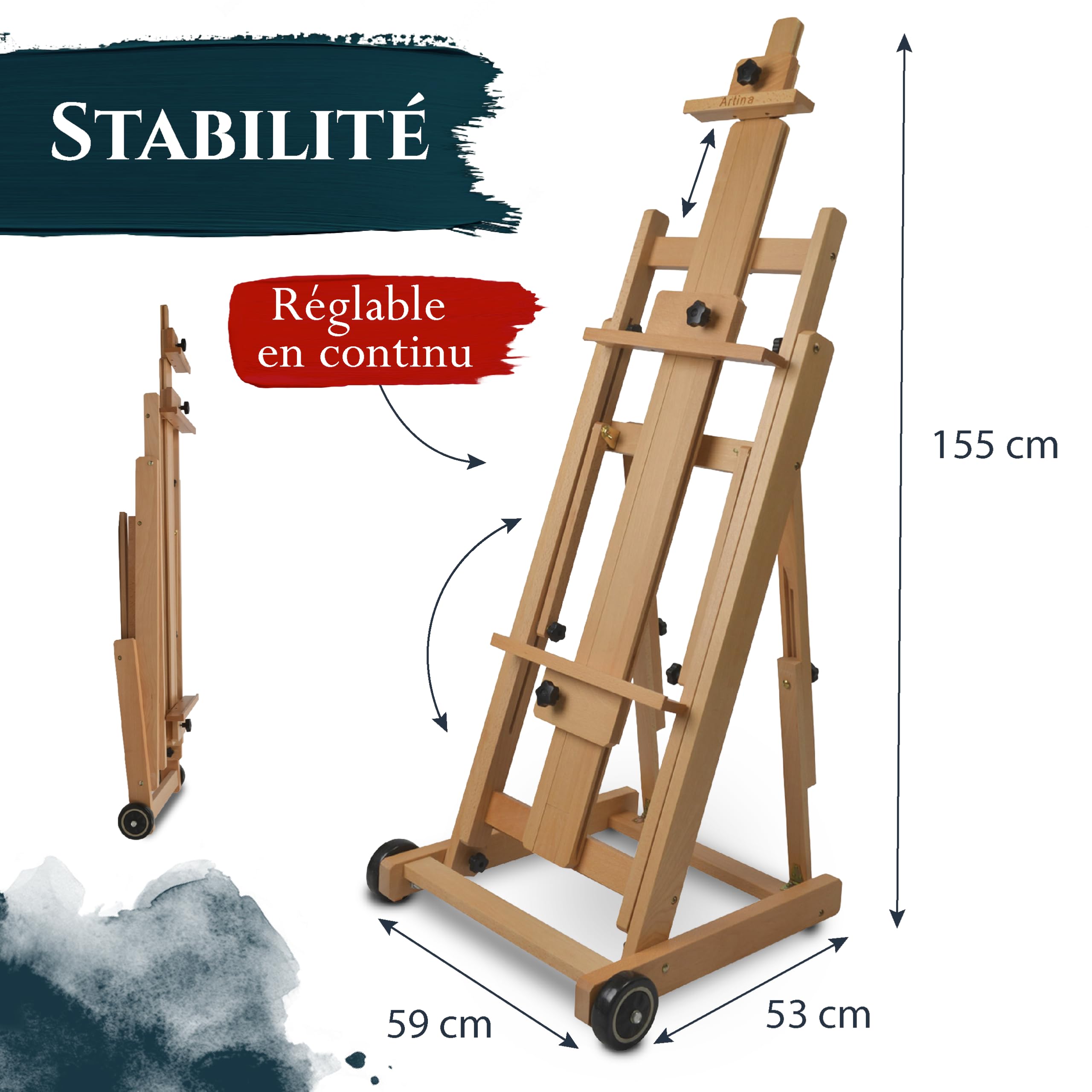 Artina chevalet atelier peinture en bois de hêtre avec support inclinaison