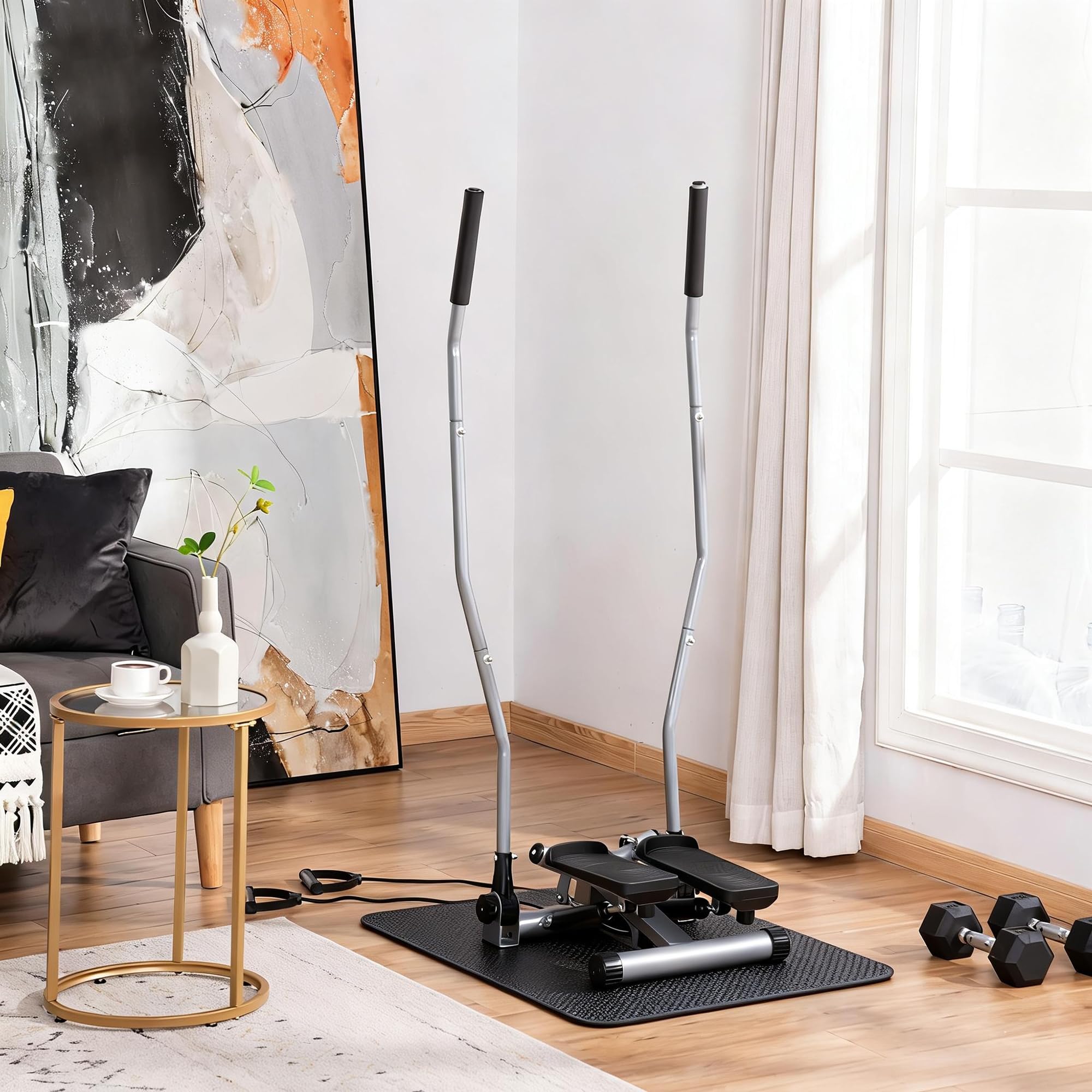 HOMCOM Stepper Fitness Casa con Manubrio e Bande Elastiche, Monitor LCD e Piedini Antiscivoli, Stepper in Acciaio e ABS, per Allenamento a Casa e Palestra, 54x40x135 cm, Argento e Nero