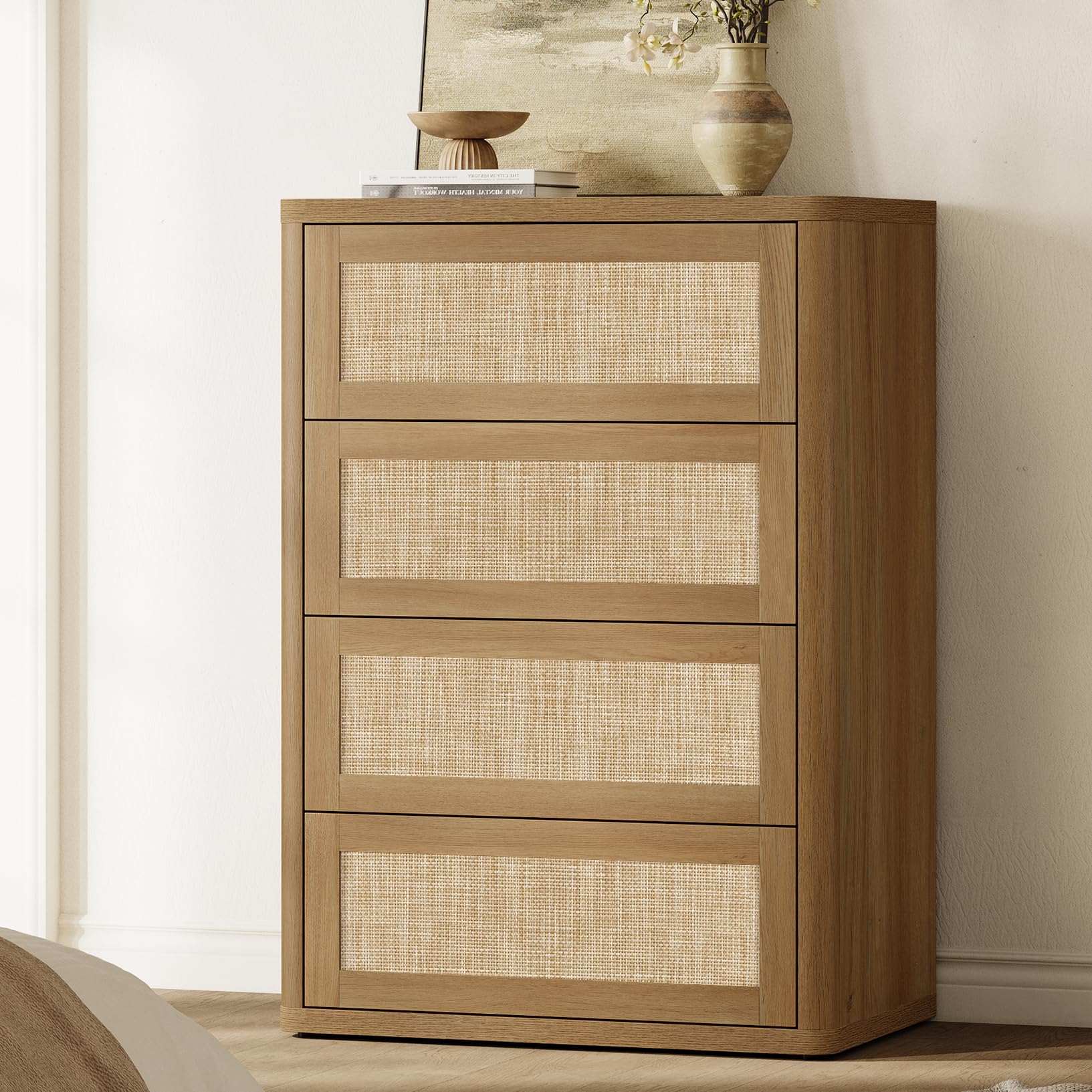 SICOTAS 4 Drawer Dresser for Bedroom-40.59'' Tall Rattan Bedroom Dressers with Oversized Drawers, Modern Wooden Chest of Drawers, Push-to-Open Storage