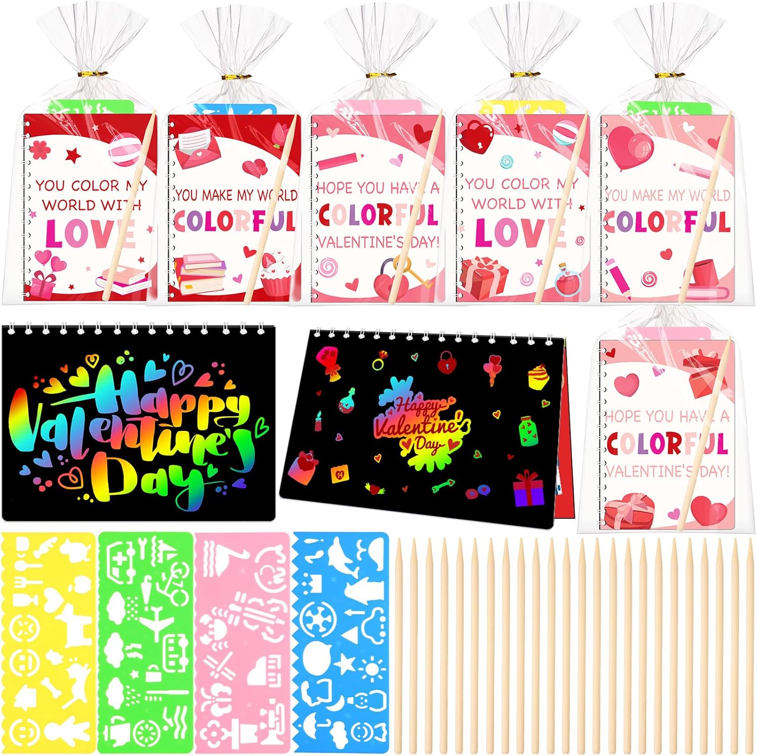 Motipuns 24 Pack Valentine's Day Party Gifts Bulk for Kids, Scratches Notebook Art Bulk for Kids Classroom Valentine Scratch Craft Party Favors Goodie Bag Stuffers School Teacher Prizes Toy