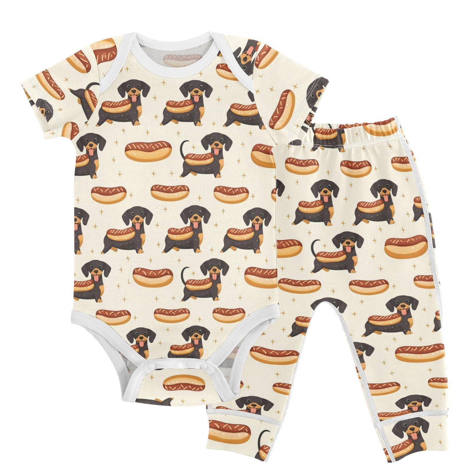 vvfelixl Baby Layette Sets Clothes,Cute Dachshund with Hotdog Baby Bodysuits Set,Unisex Babys Pants Sets Short Sleeve 12-18M