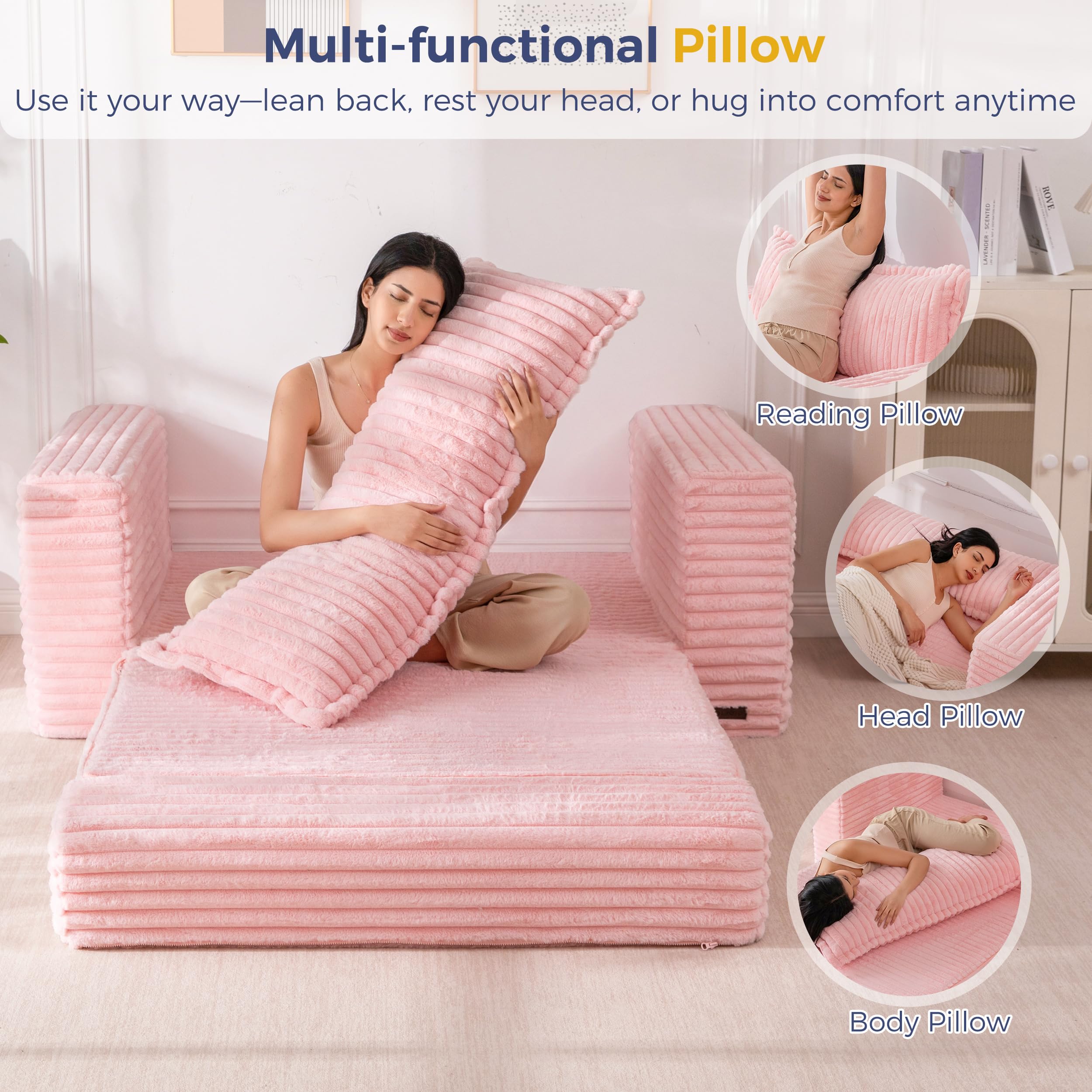 MAXYOYO Convertible Sofa Bed, Pull-Out Loveseat Couch Bed for Small Space | 2 in 1 Folding Couch Bed with Large Back Pillow, Plush Faux Fabric Lounge Couch for Living Room, Apartment, Pink
