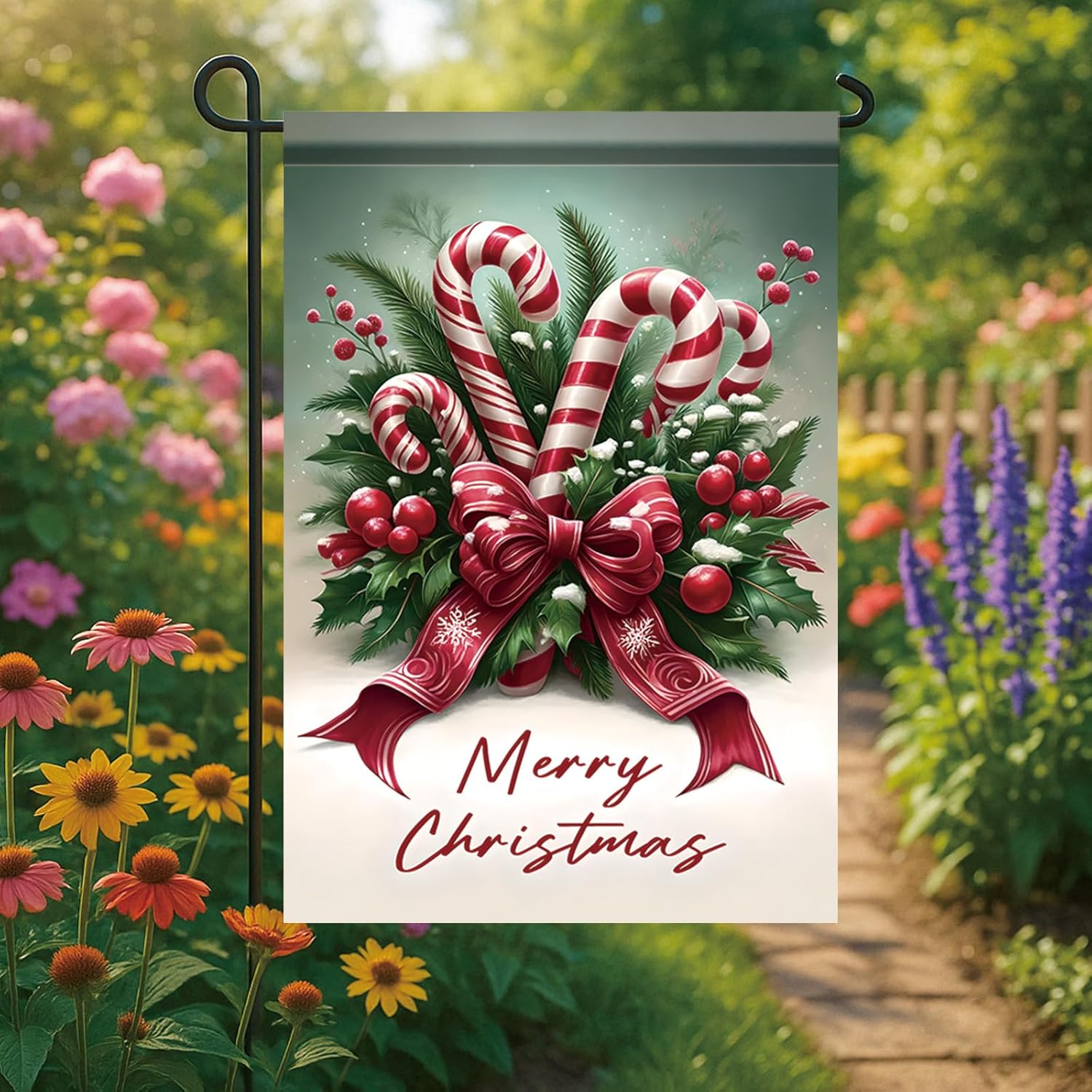 Christmas Candy Cane Garden Flag 12x18 Inch Winter Red Bow and Berries Design Outdoor Holiday Yard Banner Double Sided Winter House Flag Festive Garden Decoration Seasonal Home Decor - Image 4