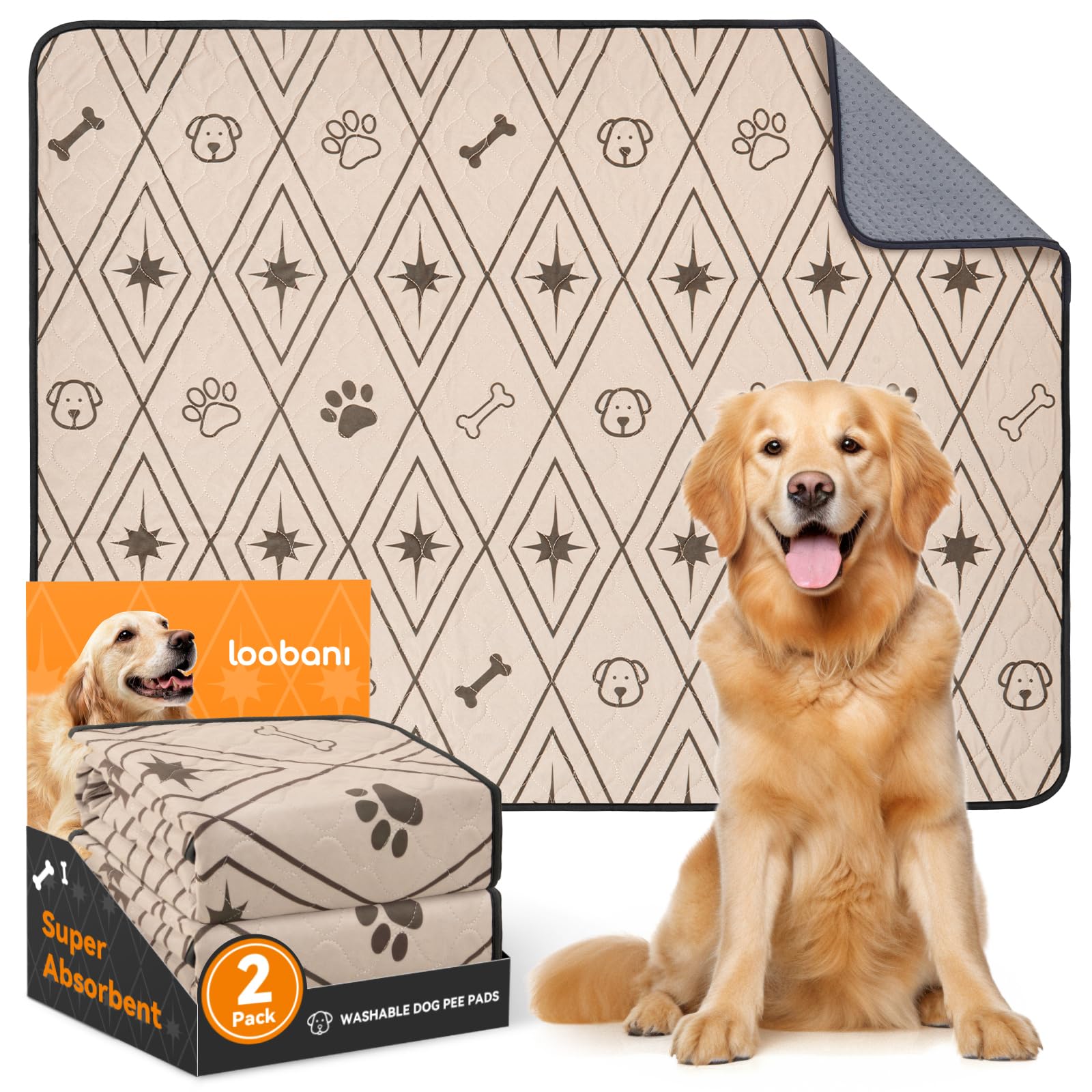 LOOBANI Washable Puppy Pads, 2 Pack Super Absorbent Leak-Proof Reusable Puppy Pads, Non-Slip Dog Training Mats