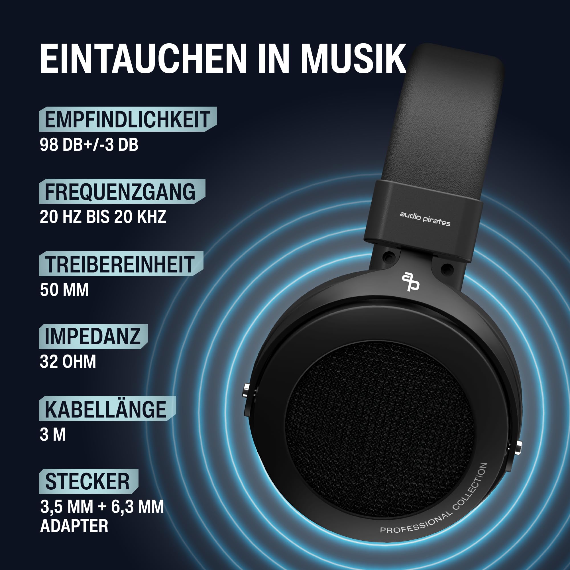 audio pirates Rick Over-Ear HiFi-Kopfhörer, Offenes Design | mit Case, 3m Kabel, 3,5mm / 6,3 mm Klinke-Adapter, Dezenter Bass, warm abgestimmt, Musik, TV & Hörspiel | Professional Collection