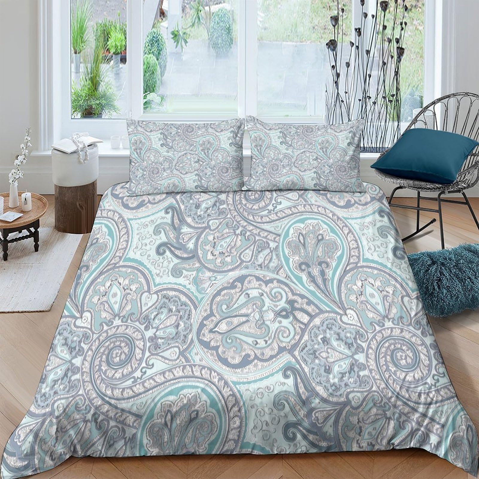 Ctjqhvkz Style-10 3D Printed Paisley Floral Fitted Sheet Microfiber Soft Grey Blue Swirl Bed Cover For Bedroom Guest Room Decor Single（135X200cm）
