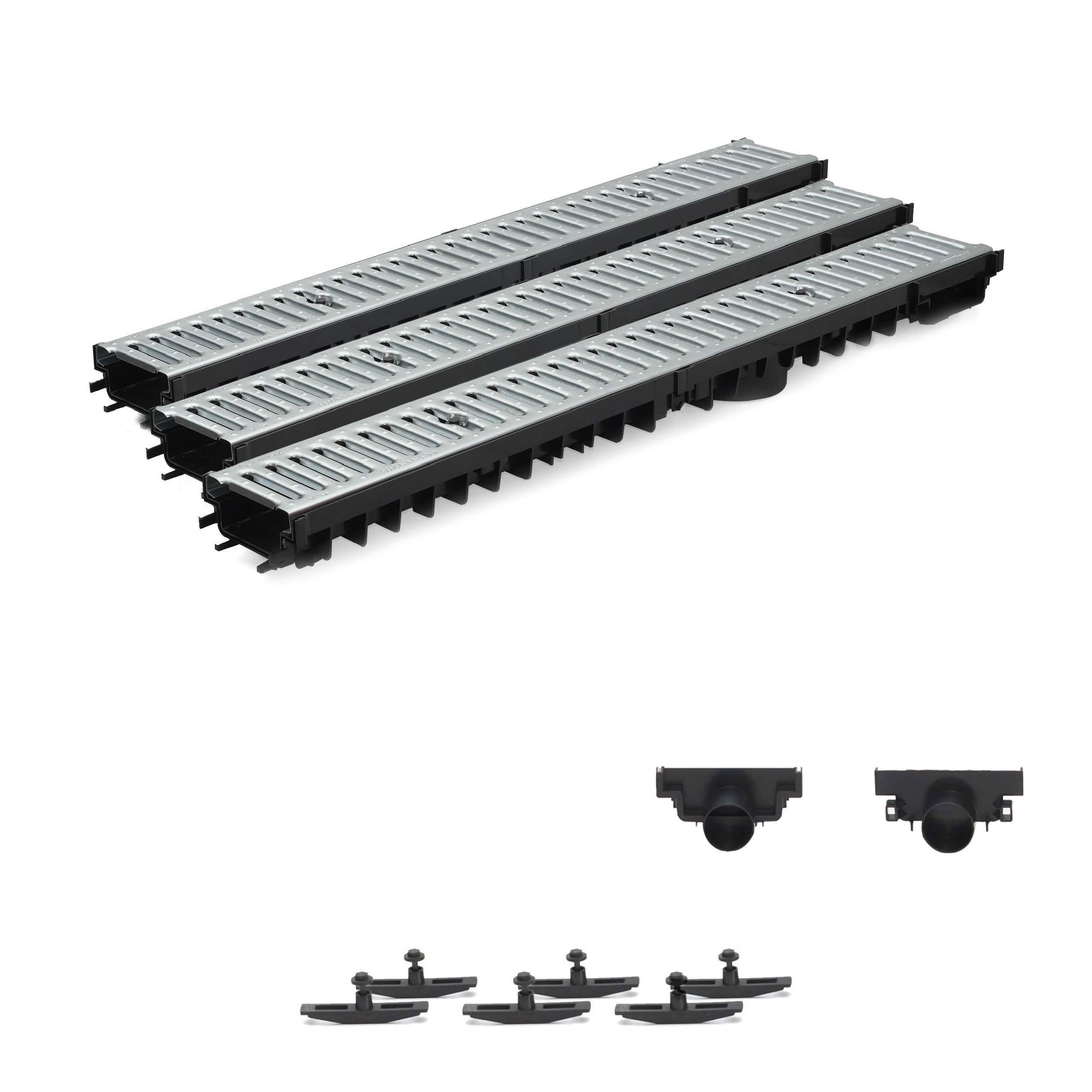 3m Entwässerungsrinne Terrassenrinne Stahlrost verzinkt komplett SET, System A15 70mm, NEUHEIT Rinne mit integrierter Dichtung Klick System