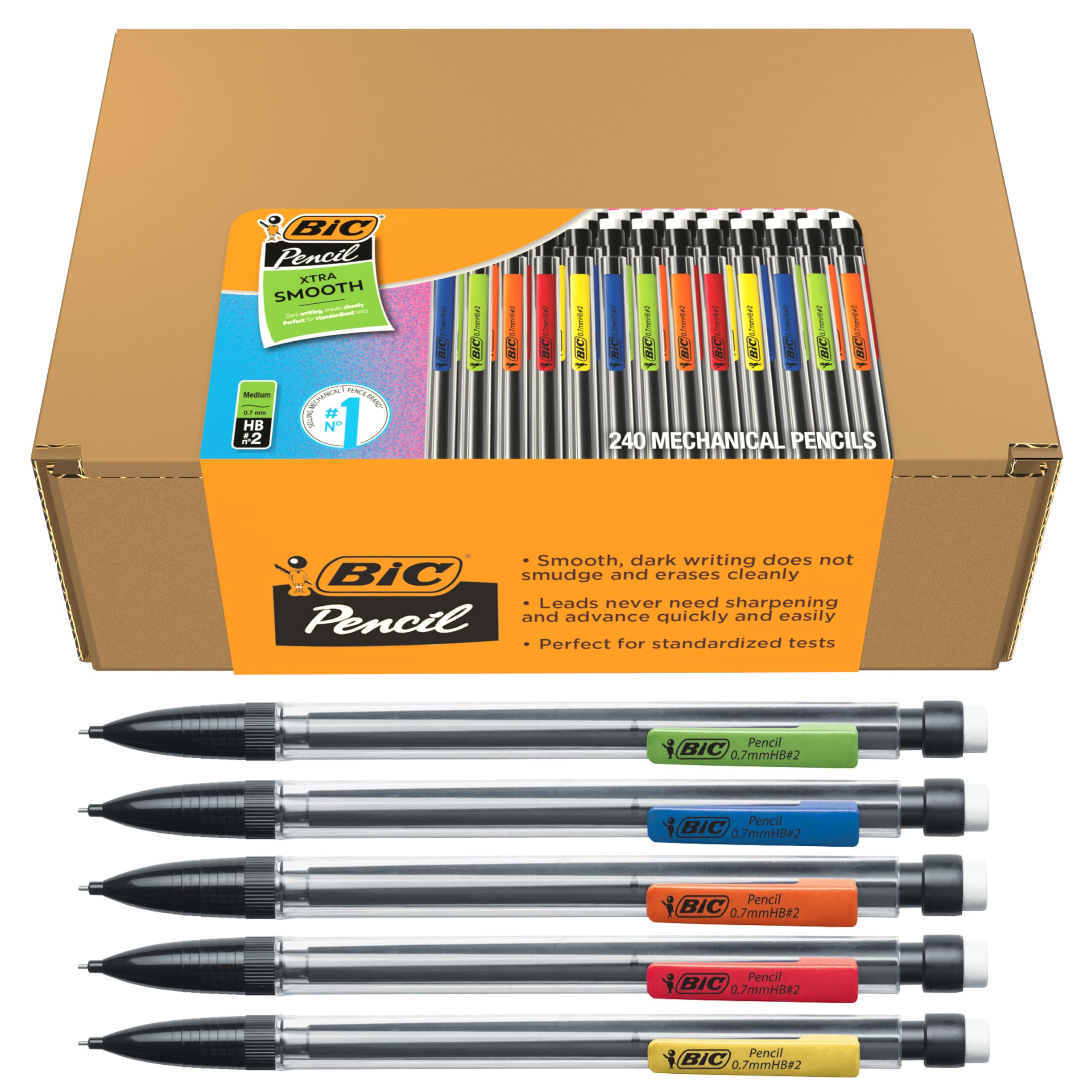 BIC Matita meccanica Xtra Smooth, punta media da 0,7 mm, ricaricabile e retrattile, confezione da 240 pezzi con fusti di colori assortiti