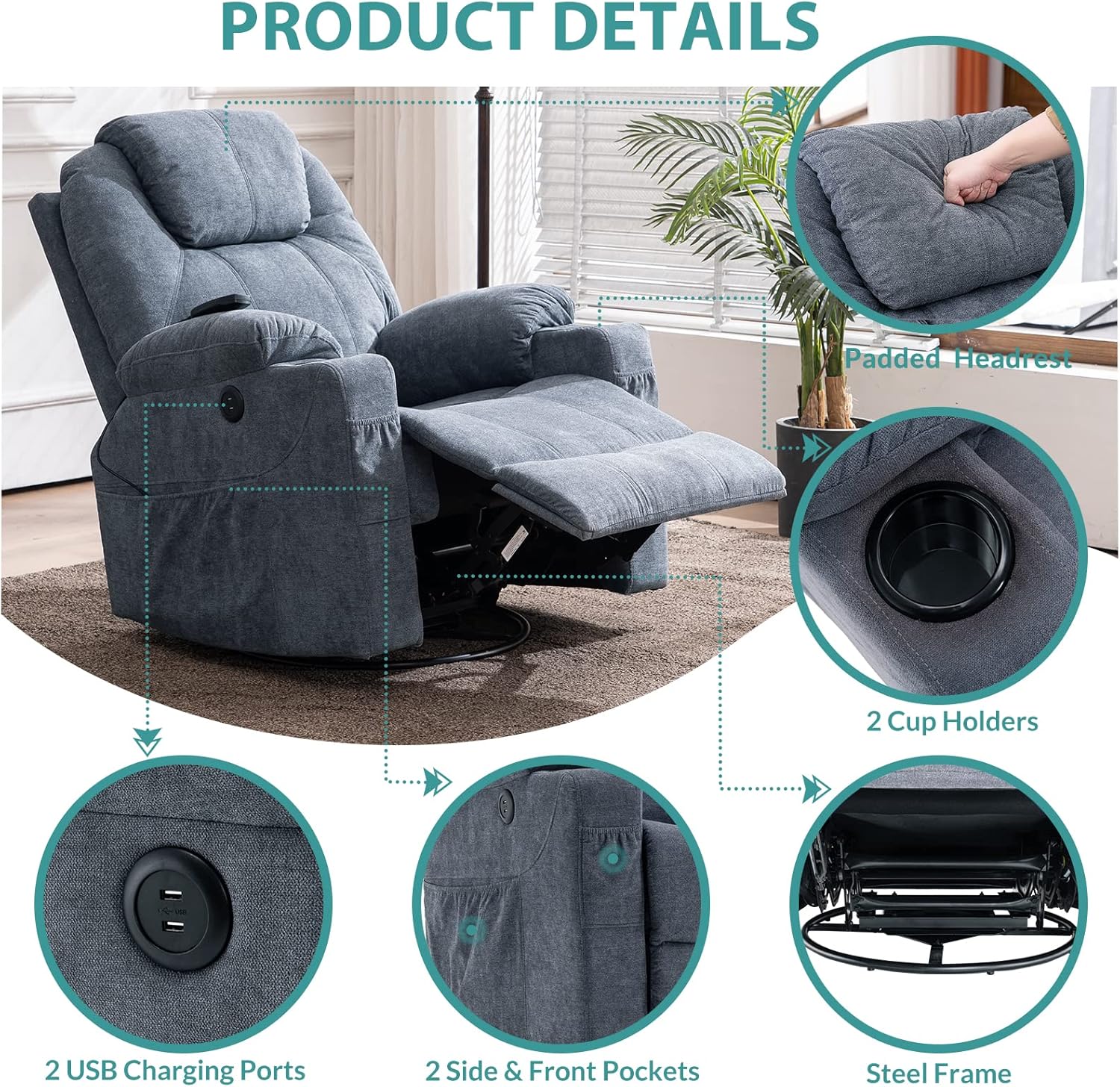 MEETWARM Swivel Rocker Massage Recliner Chair with Heat Ergonomic, Manual Glider Rocking Recliner Chair, 360° Swivel Lounge Reclining Chair with Cup Holder/Pockets/Remote Control/USB Ports (Gray-blue)