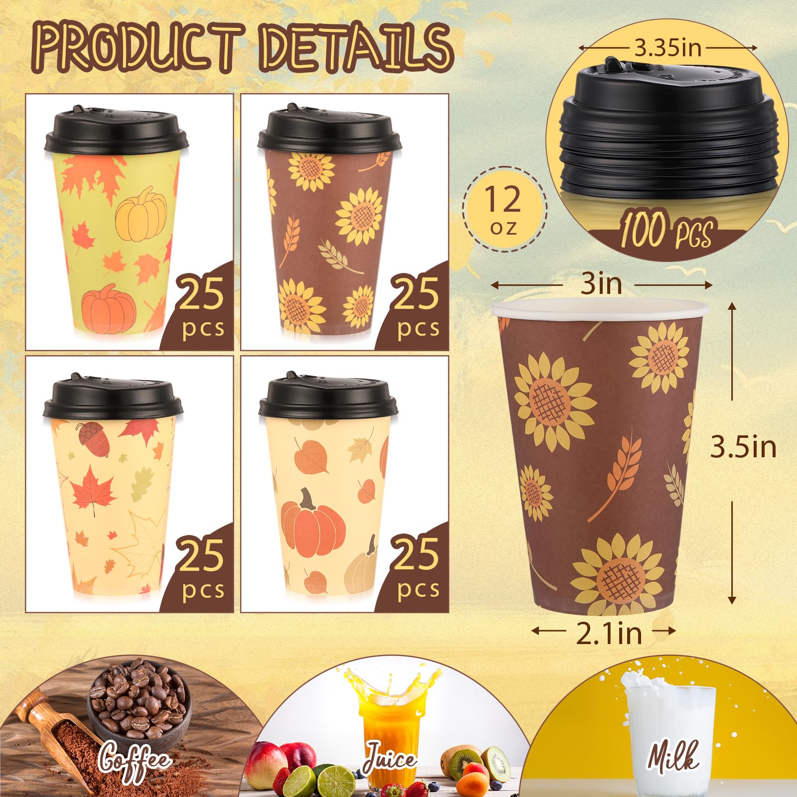 Zopeal 100 tazze da caffè usa e getta con coperchio, 350 ml, in carta, 4 motivi autunnali, graziose tazze per tè caldo, bevande, acqua, succo, cena, cena, matrimoni, eventi, decorazioni per feste del