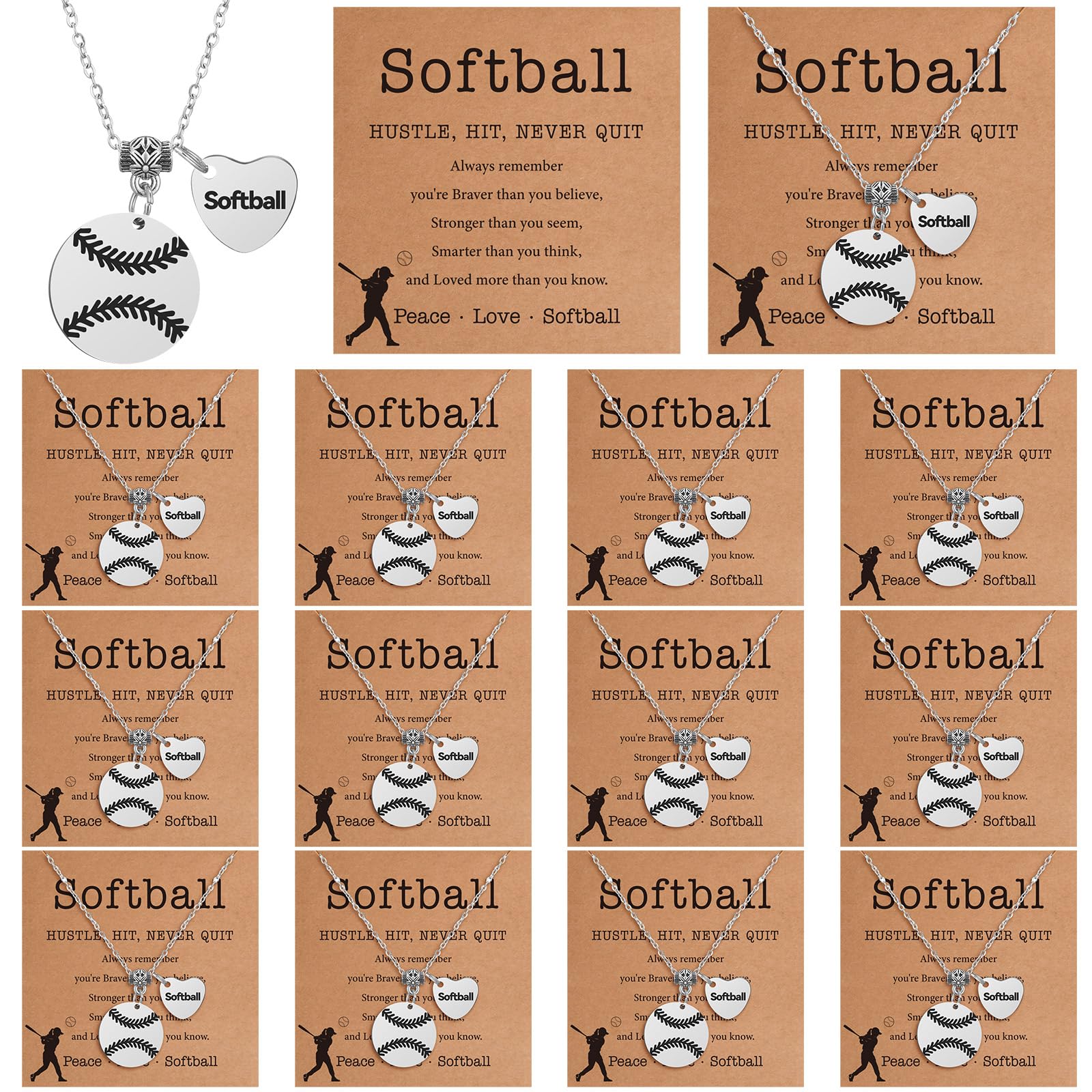 Landical 12 Set Baseball Football Softball Necklace Team Gift Bulk Sport Team Necklace for Women Sport Lovers Party Favors Inspirational Jewelry Pendant with Card and Opp Bags