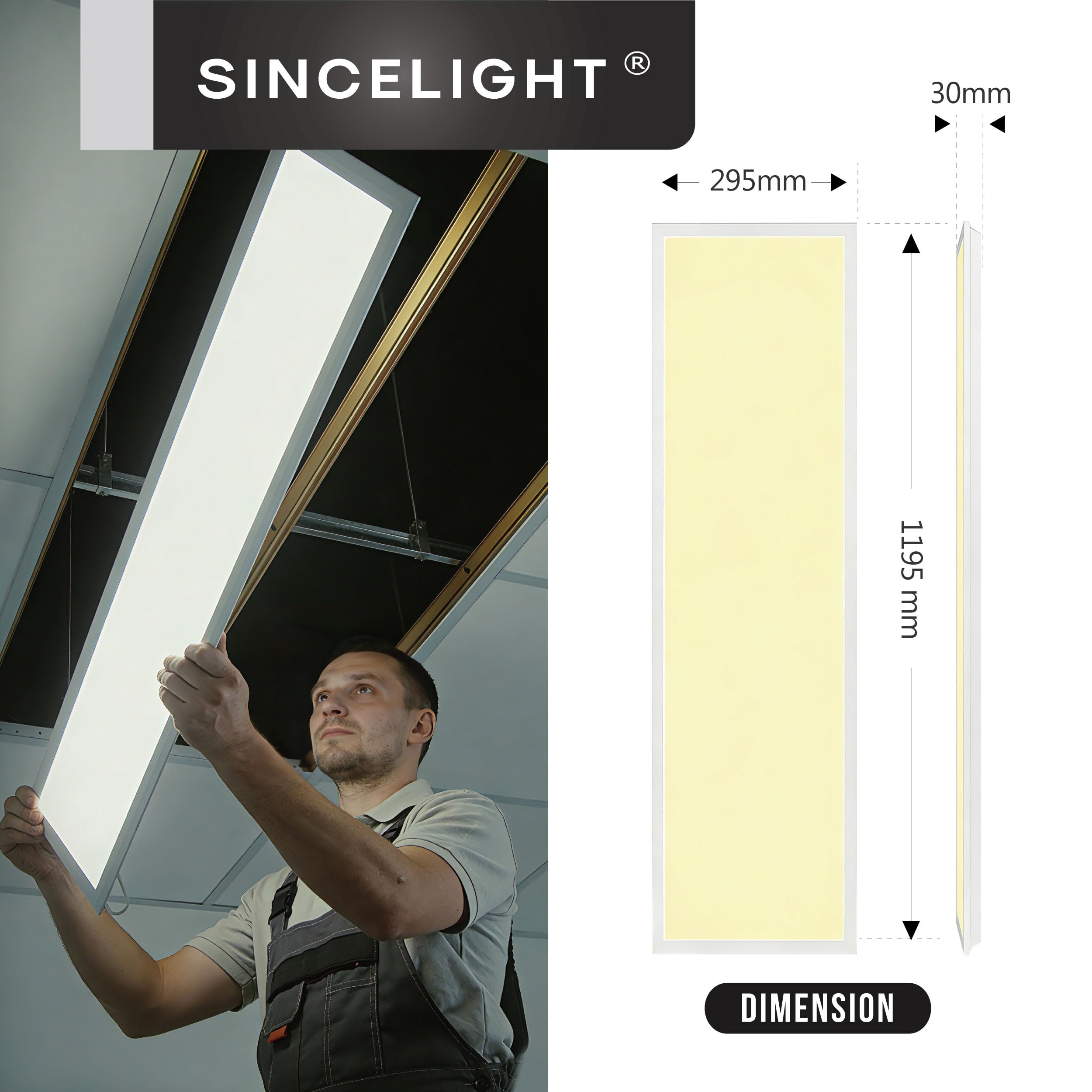 SINCELIGHT LED Kommerzielle Ultradünne Panel-Leuchte 300x1200mm, Flache T-Grid-Deckenleuchte für Büros, Hintergrundbeleuchtung, 4000 Lumen, Neutralweiß 4000K, 5 Stück