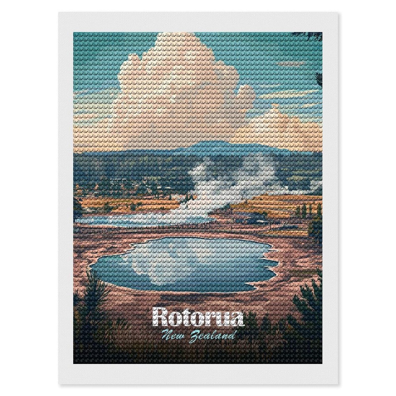 Junmoney Rotorua New Zealand Travel Diamond Painting Canvas Set 12"x16", Boho Decor, for Craft Lovers, Easy Handmade Project, Holiday Gift Idea