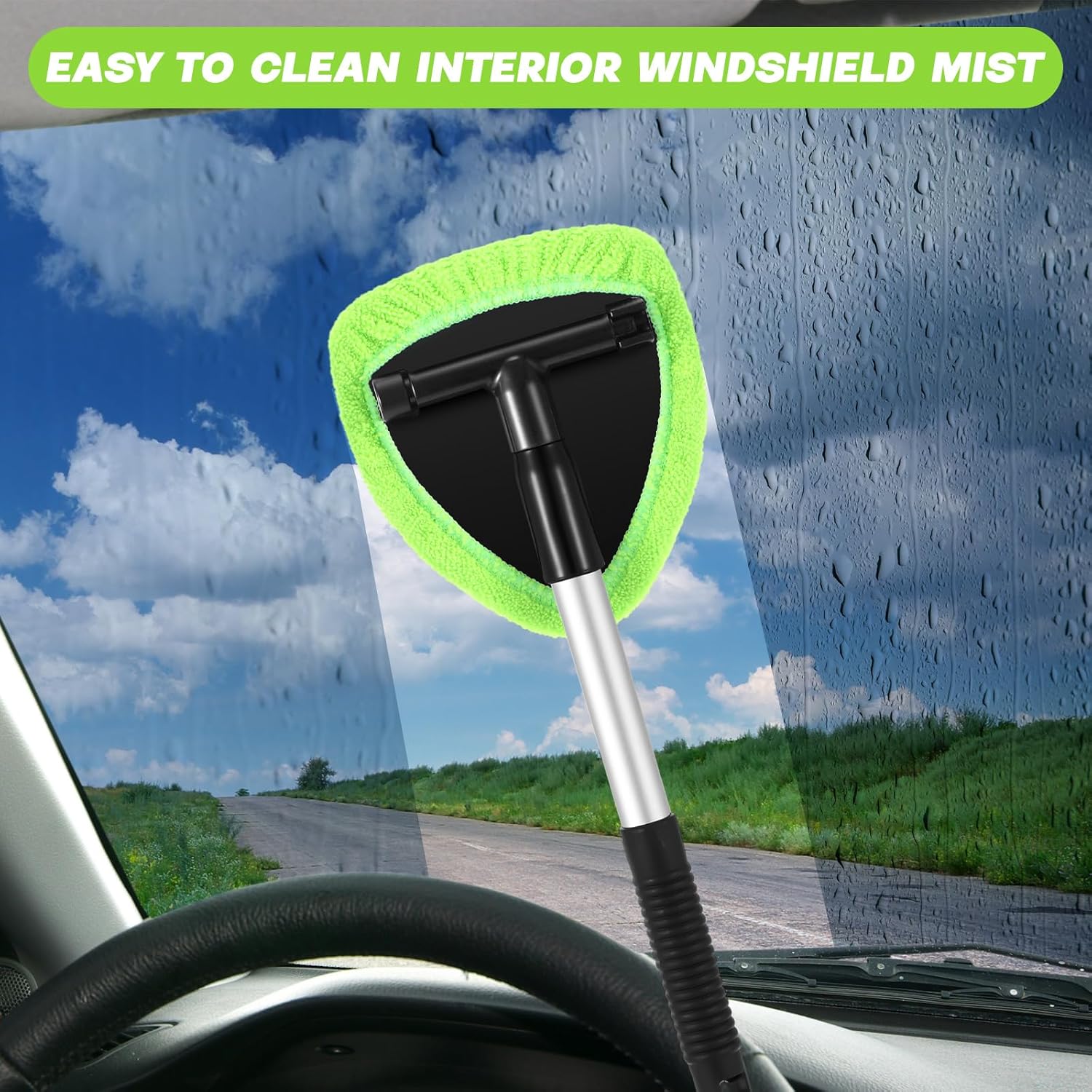 8 Pcs Car Windshield Cleaner Tool Kit with Extendable Handle, Microfiber Towel Pads, Brush, Empty Spray Bottle for Auto Glass Wiper Suvs Rvs & Home Windows (Green) - Image 5