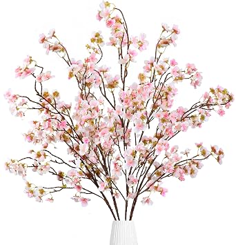 Sggvecsy Artificial Cherry Blossom Flowers 4 Pcs Faux Cherry Blossom Stems Faux Silk Cherry Blossom Branches 41 Fake Flowers Long Stems for Vase Arrangements Home Wedding Table Decor Pink