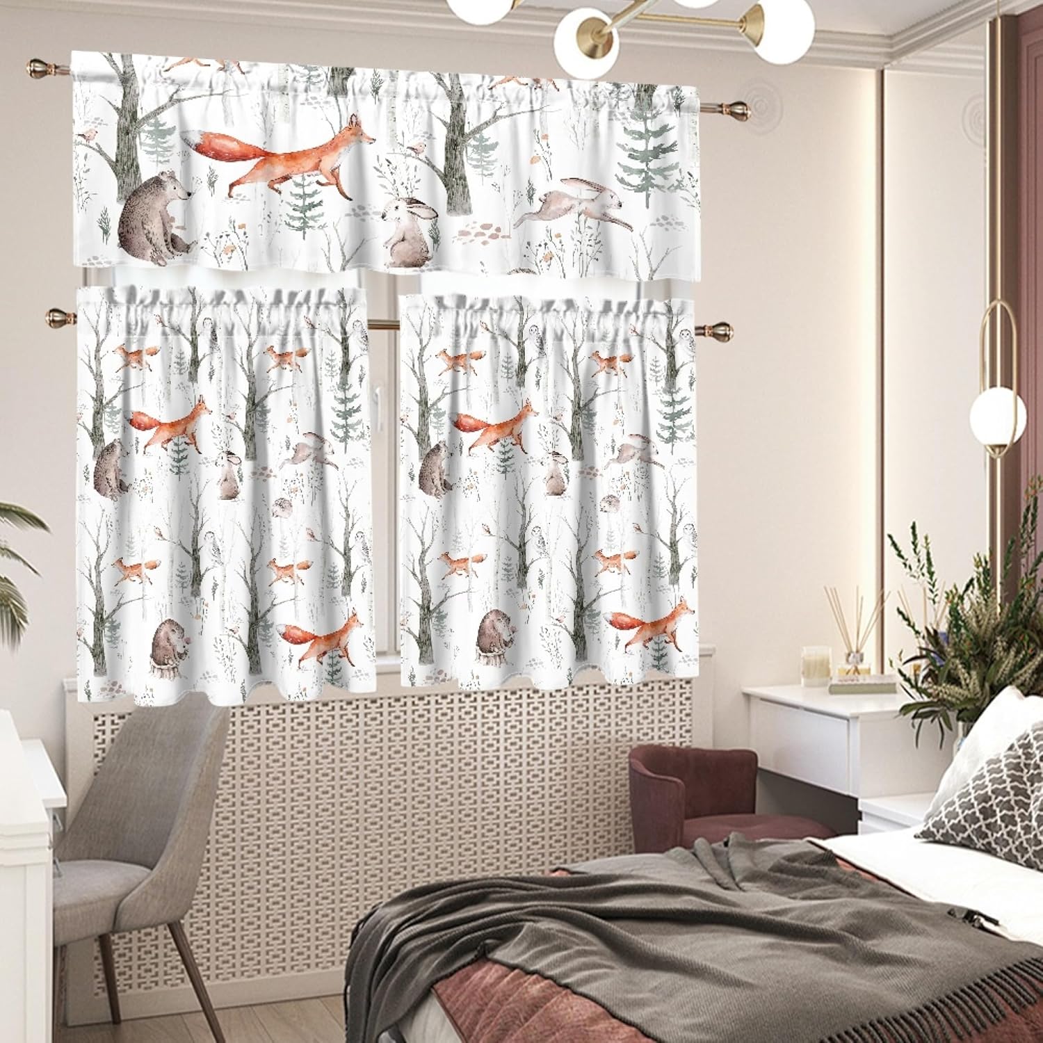 Fairy Tale Cartoon Animal Valance Curtains, Cute Fox Bear Rabbit Watercolor Forest Print Pattern Decor Window Treatments, Rod Pocket Drapes for Living Room Kids Bedroom, 54x18in 1P+27x36in 2P