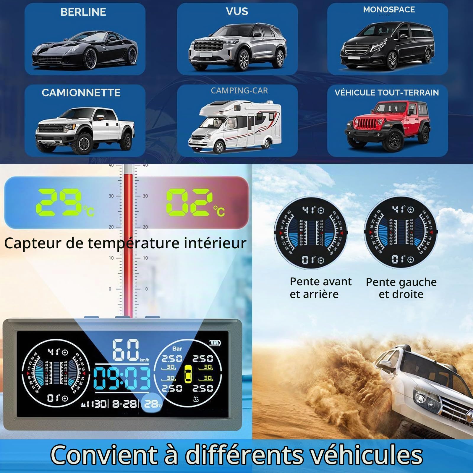 Système De Surveillance De La Pression Des Pneus Multifonction, Tpms Avec 4 Capteurs Externes, Charge Solaire, Compteur De Vitesse Universel Avec éCran Lcd Couleur, 9,9 Bar/199 Psi