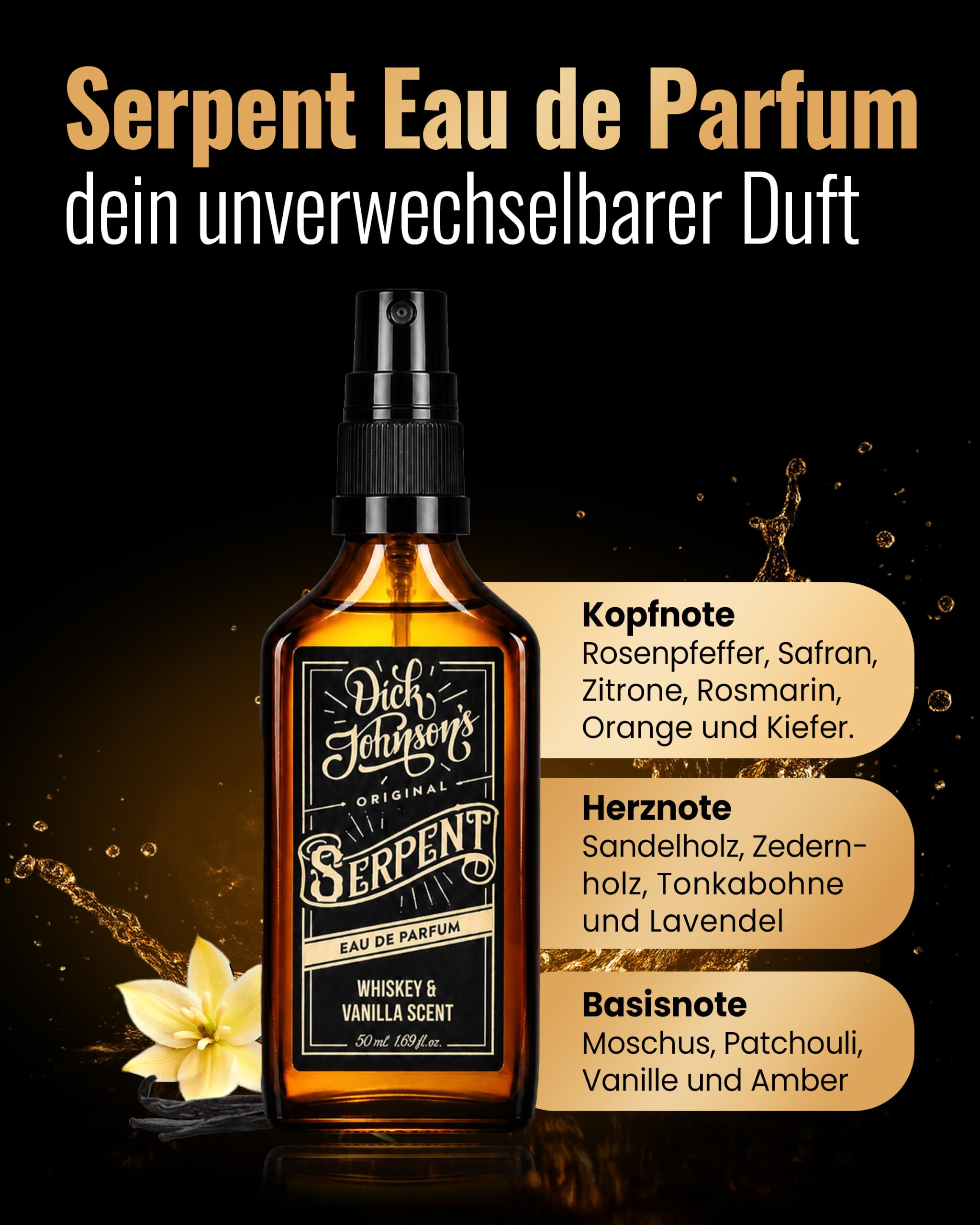 Dick Johnson Eau de Parfum Herren 50 ml – Parfüm Männer mit Whiskey Vanille-Duft – Signature Serpent Herrenduft intensiv maskulin – Parfum Geschenk für Männer – Eau de Parfum Made in Finnland