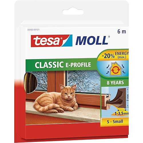 tesamoll E-Profile Seal - Self Adhesive Rubber Draught Excluder for Insulating Gaps in Windows and Doors - Brown - 6 m x 9 mm