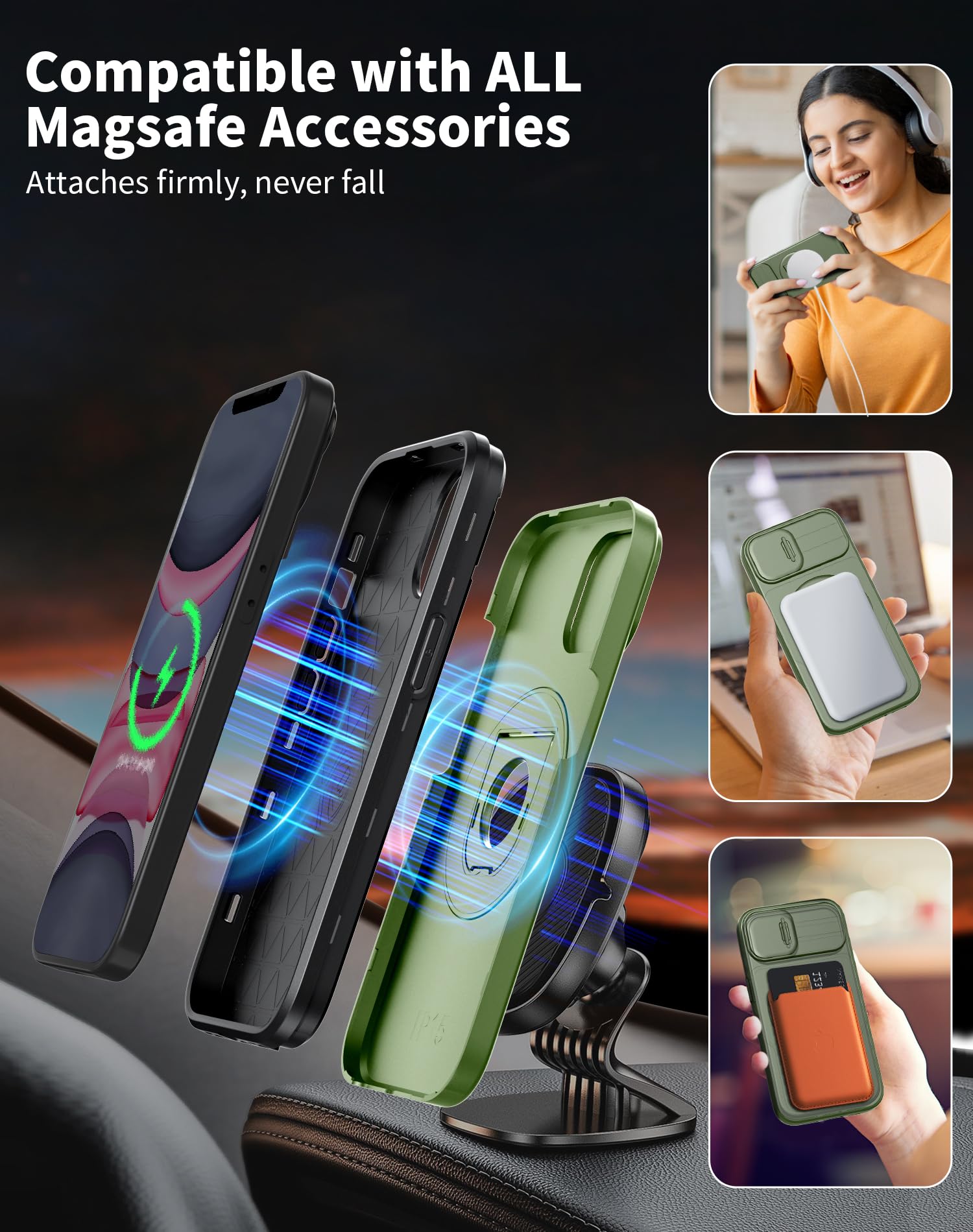 FRLMOOES for iPhone 11 Case/for iPhone XR Case Magnetic Compatible with MagSafe Wireless Charging,with 2 Screen Protectors,with Kickstand Ring+Camera Cover Shock-Absorbent Heavy Duty Protection Green - Image 2