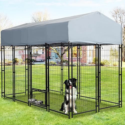 Perrera para perros al aire libre, 8 x 4 x 6 pies, resistente con cubierta de techo impermeable y 2 cuencos giratorios para perros grandes, alambre