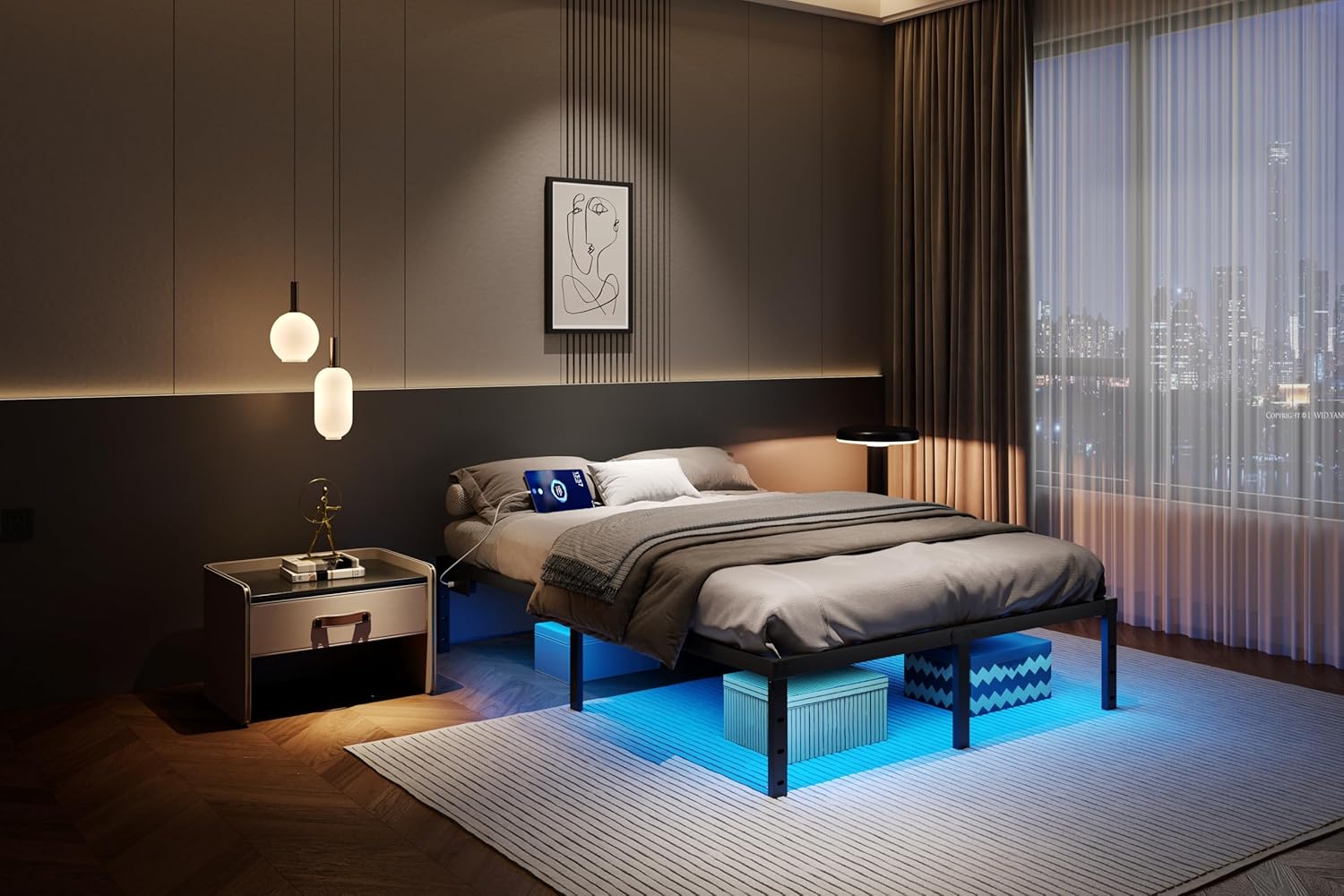 UOMEUR Queen Bed Frame with LED Lights Metal Bed Frame with Charging Station and Heavy Duty Bed with Storage Shelves Noise Free No Box Spring